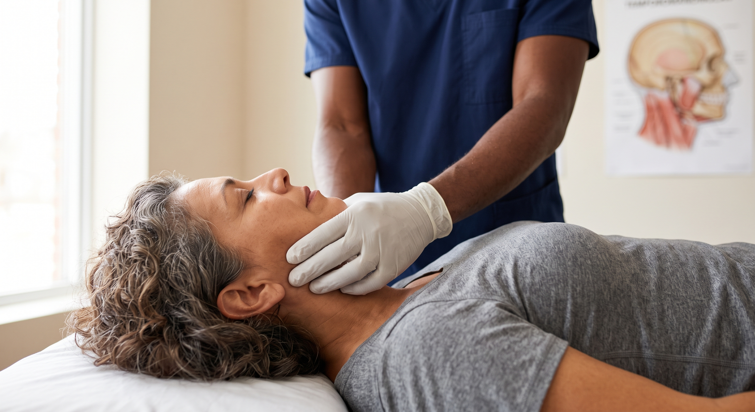 A healthcare professional in blue scrubs with gloved hands examining a woman lying on a medical bed, with a diagram of the human head in the background.