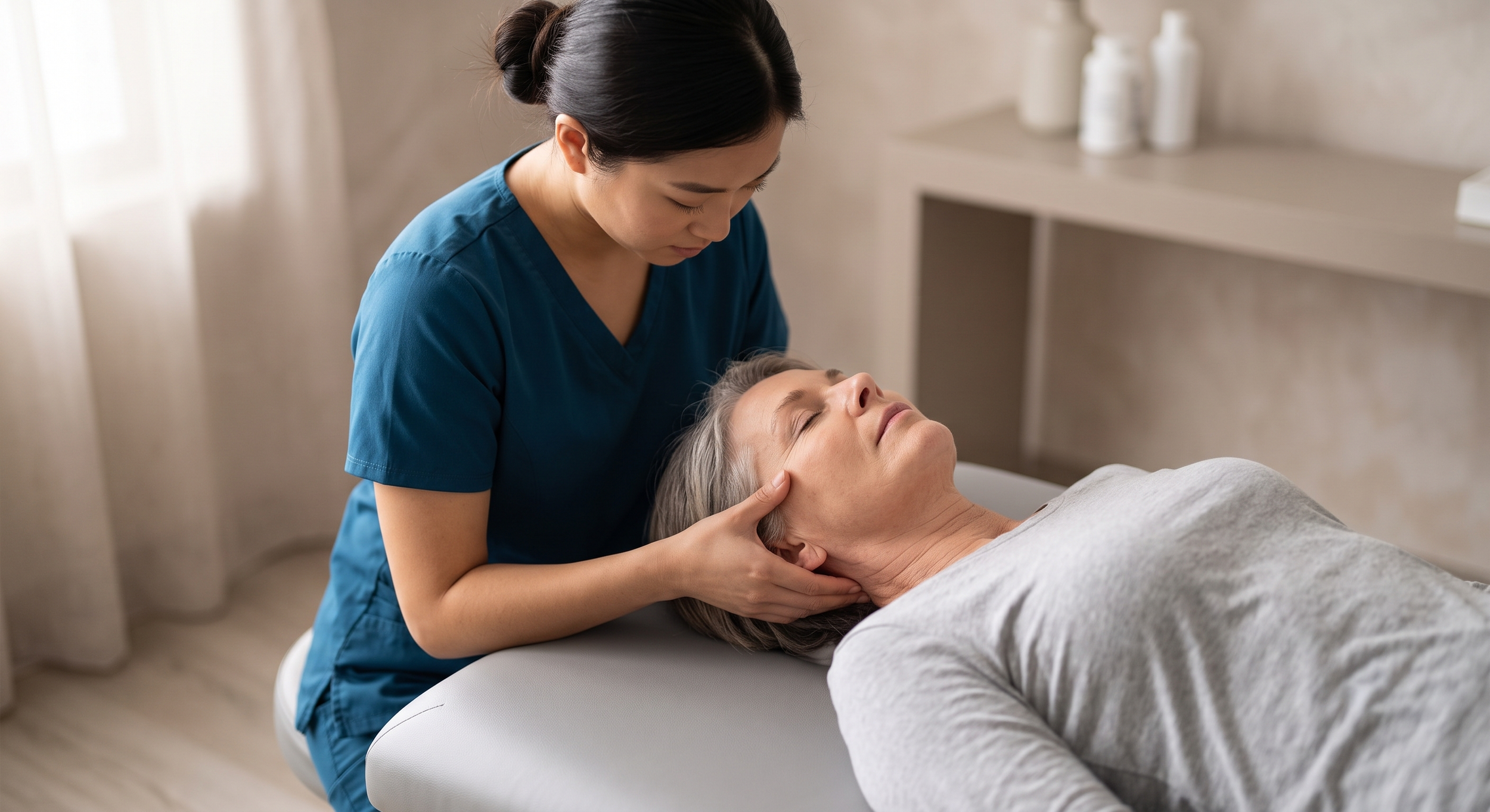 A healthcare professional providing a head massage to an elderly woman lying on a treatment table in a clinical setting.