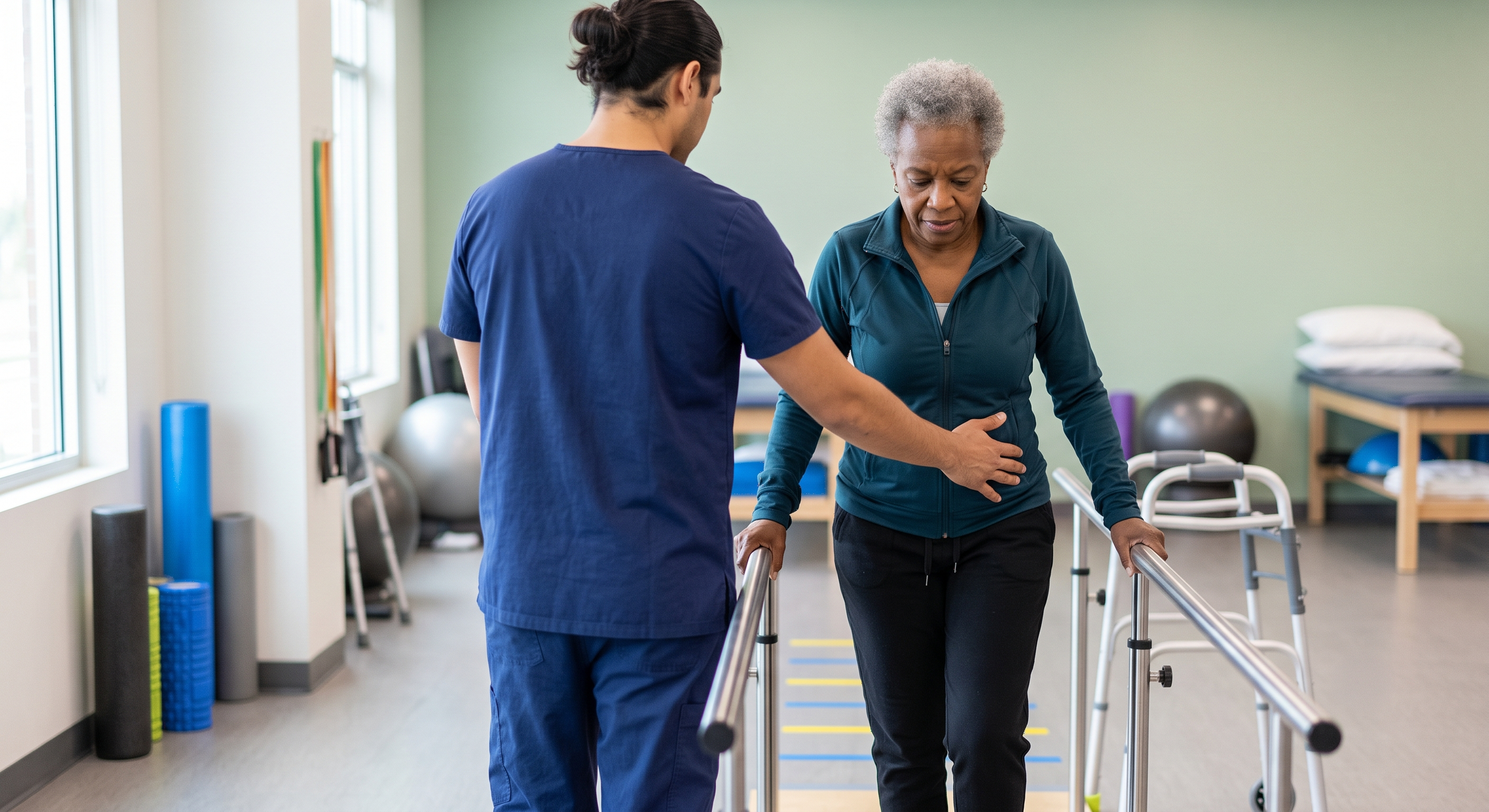 A physical therapist assists an elderly woman with a walking aid during a therapy session in a rehabilitation center. The woman is holding onto parallel bars for support.