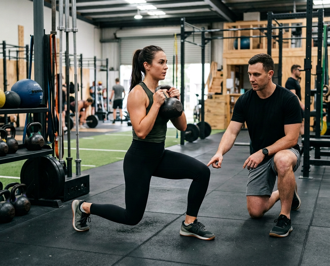 A woman performing a kneeling kettlebell squat under the supervision of a trainer in a gym.