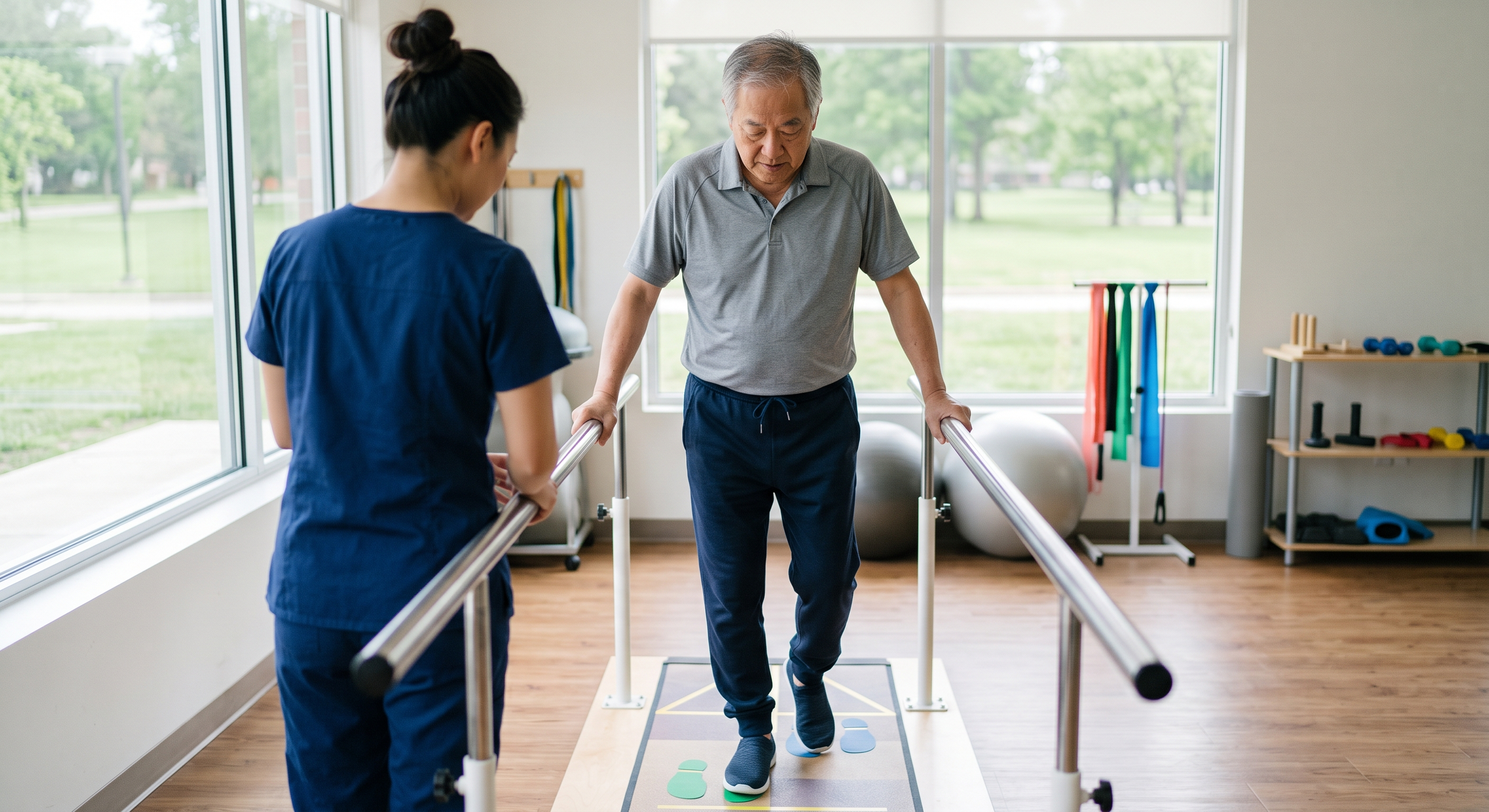 An elderly man walking with assistance from a young woman in a physical therapy room.