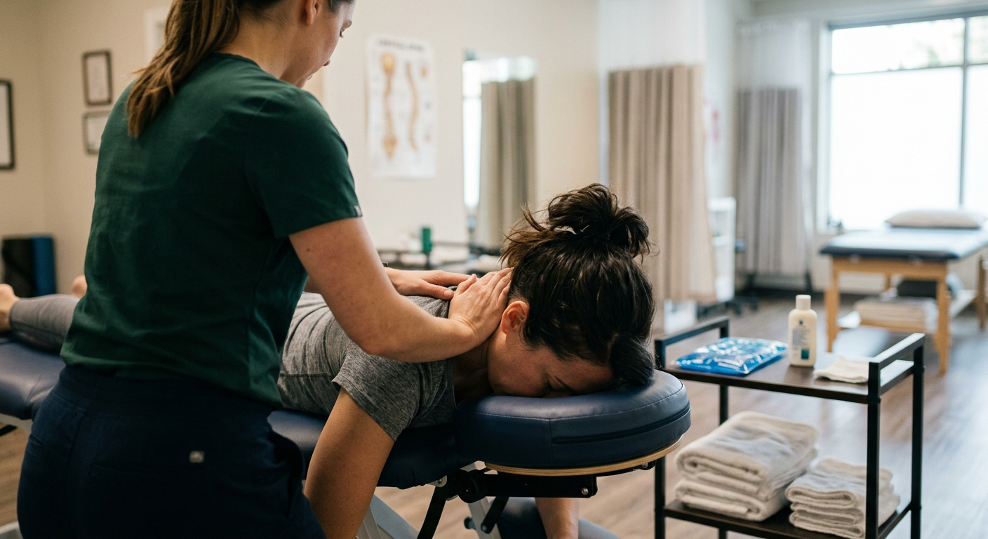 A woman receives a neck massage from a massage therapist in a wellness clinic or massage therapy room.