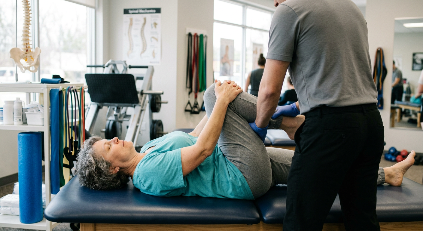 Physical therapist assisting an elderly woman with leg exercises on a therapy table in a rehabilitation clinic.