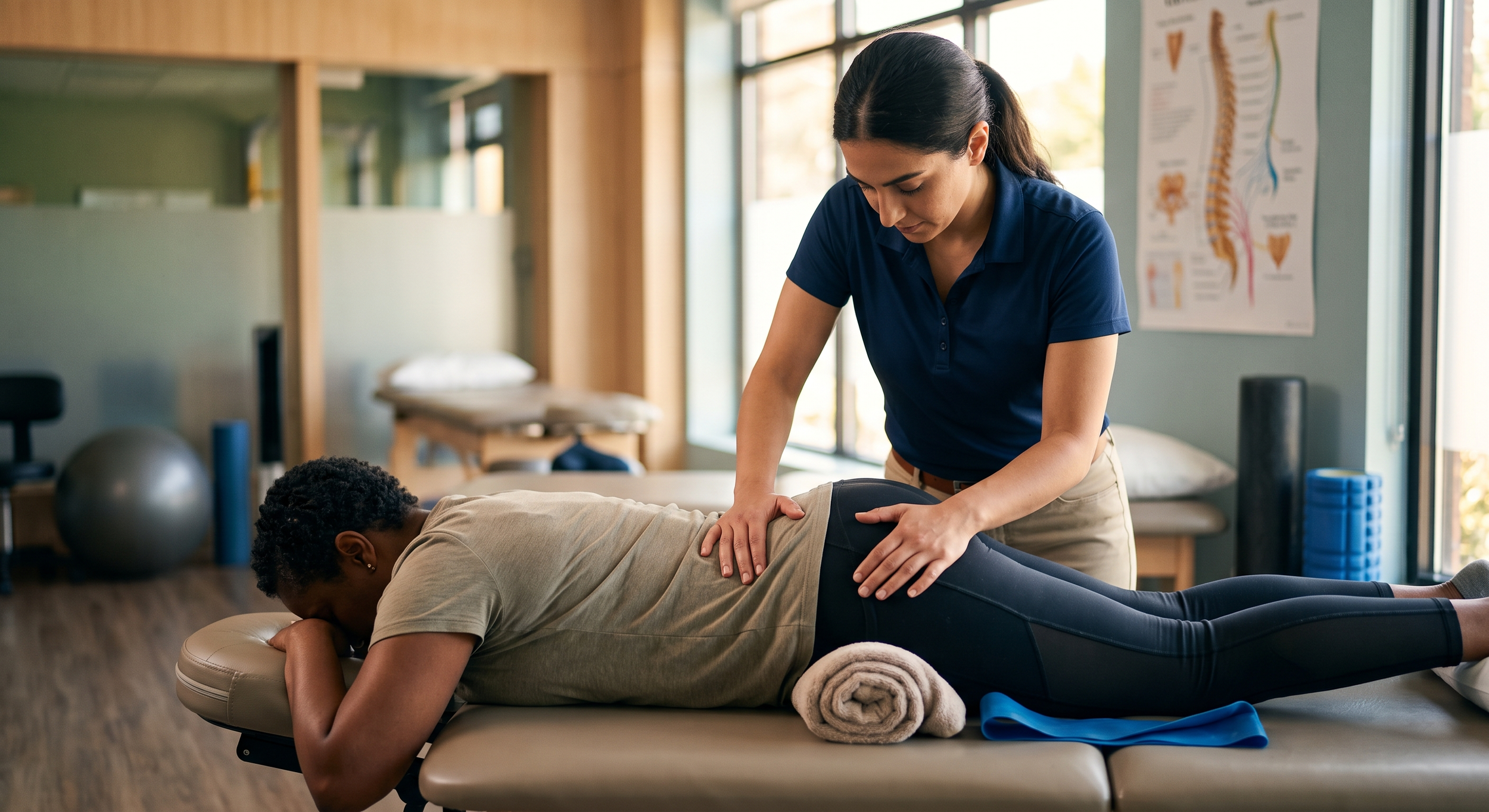 A physical therapist performs a back massage on a woman lying face down on a massage table, in a well-lit clinic with anatomical charts and exercise equipment in the background.