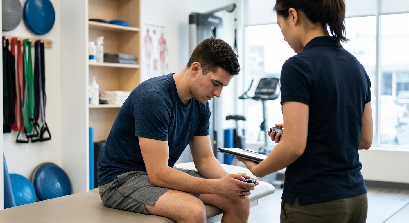A young man with a bandage on his forehead sits on an examination table in a physical therapy clinic, receiving assessments from a female healthcare professional holding a clipboard and a device, with exercise balls and medical supplies visible in the background.