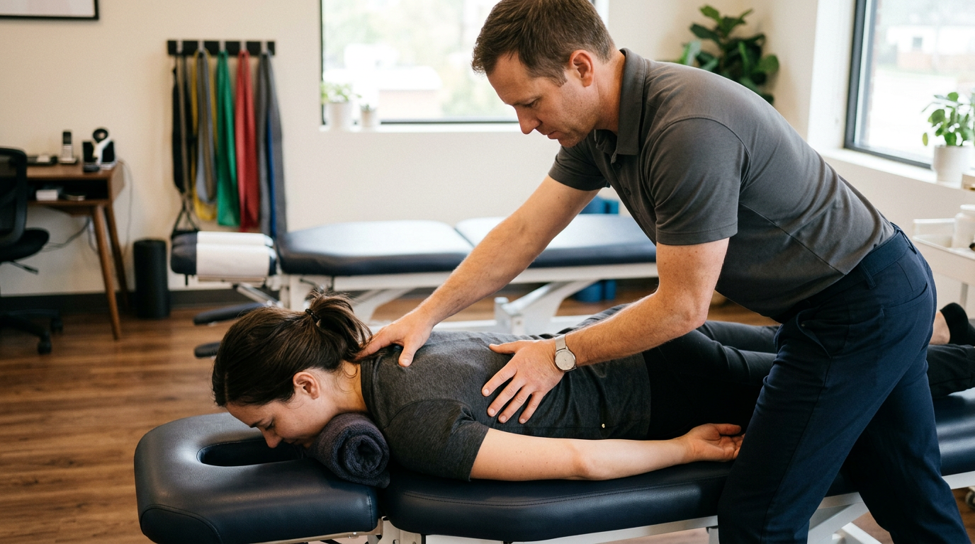 A chiropractor adjusting a woman's back on a treatment table in a clinic.