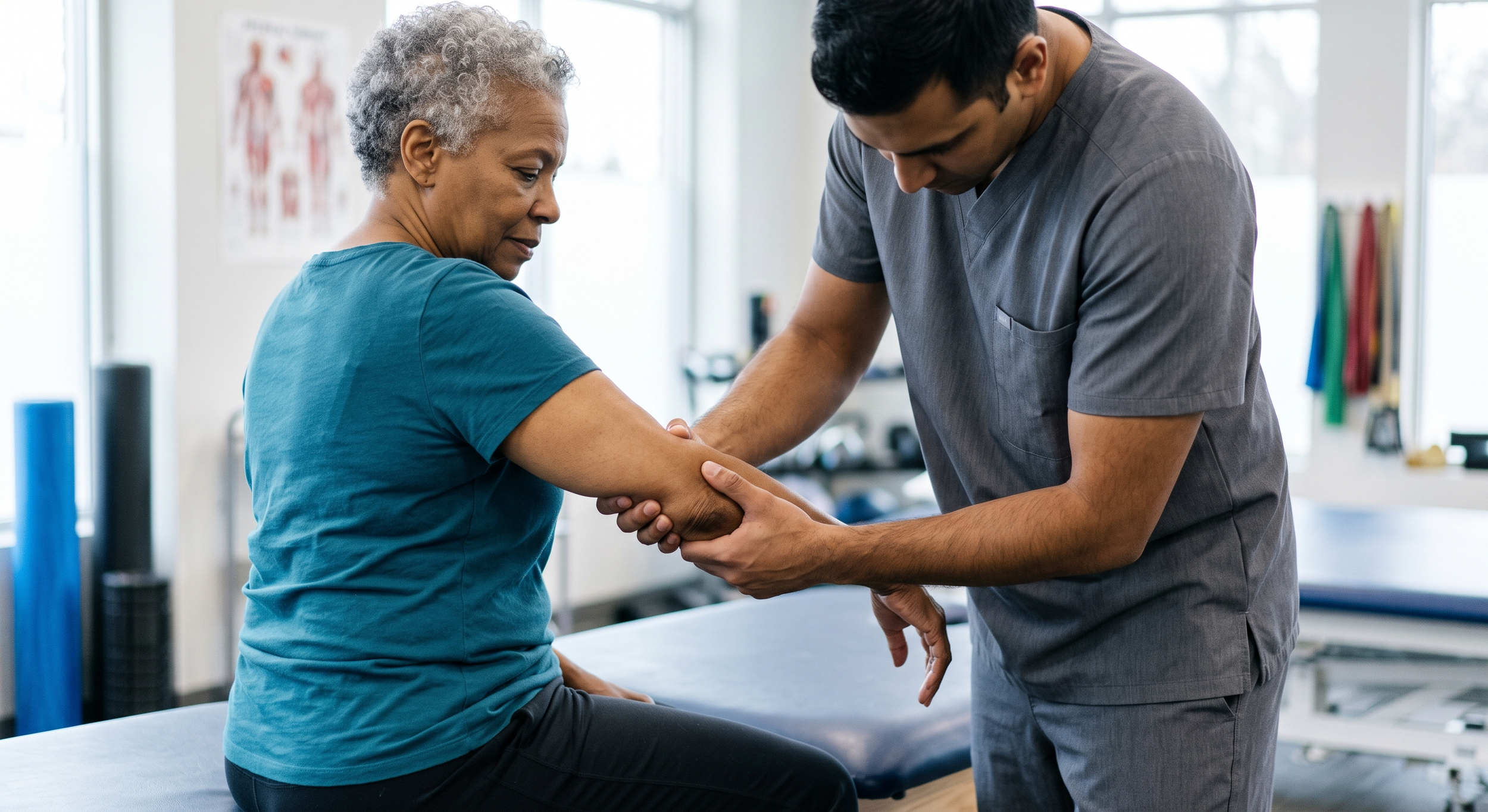 Physical therapist assisting a senior woman with arm exercises in a therapy clinic.