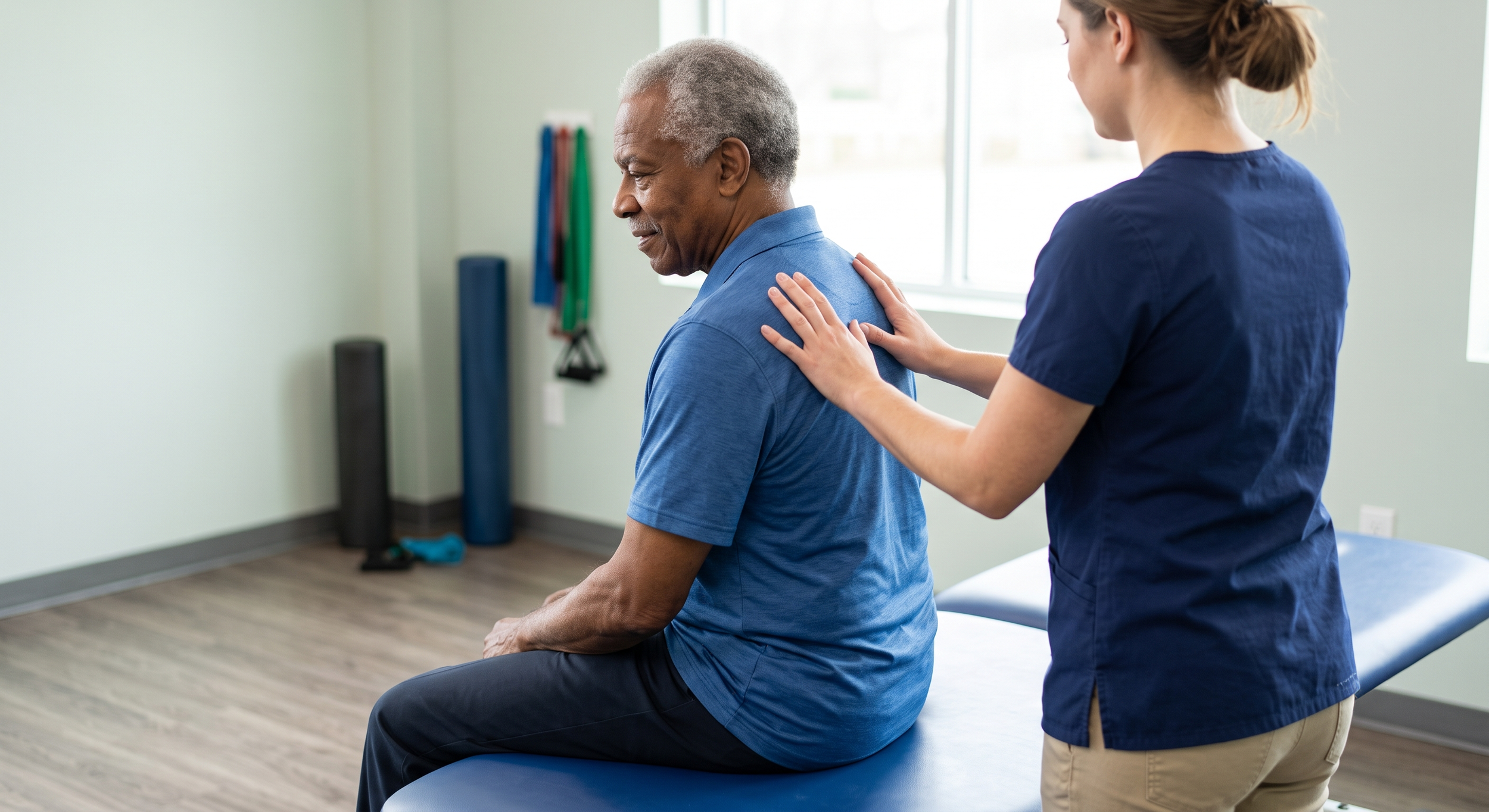 A healthcare professional assists an elderly man with back therapy in a therapy room.