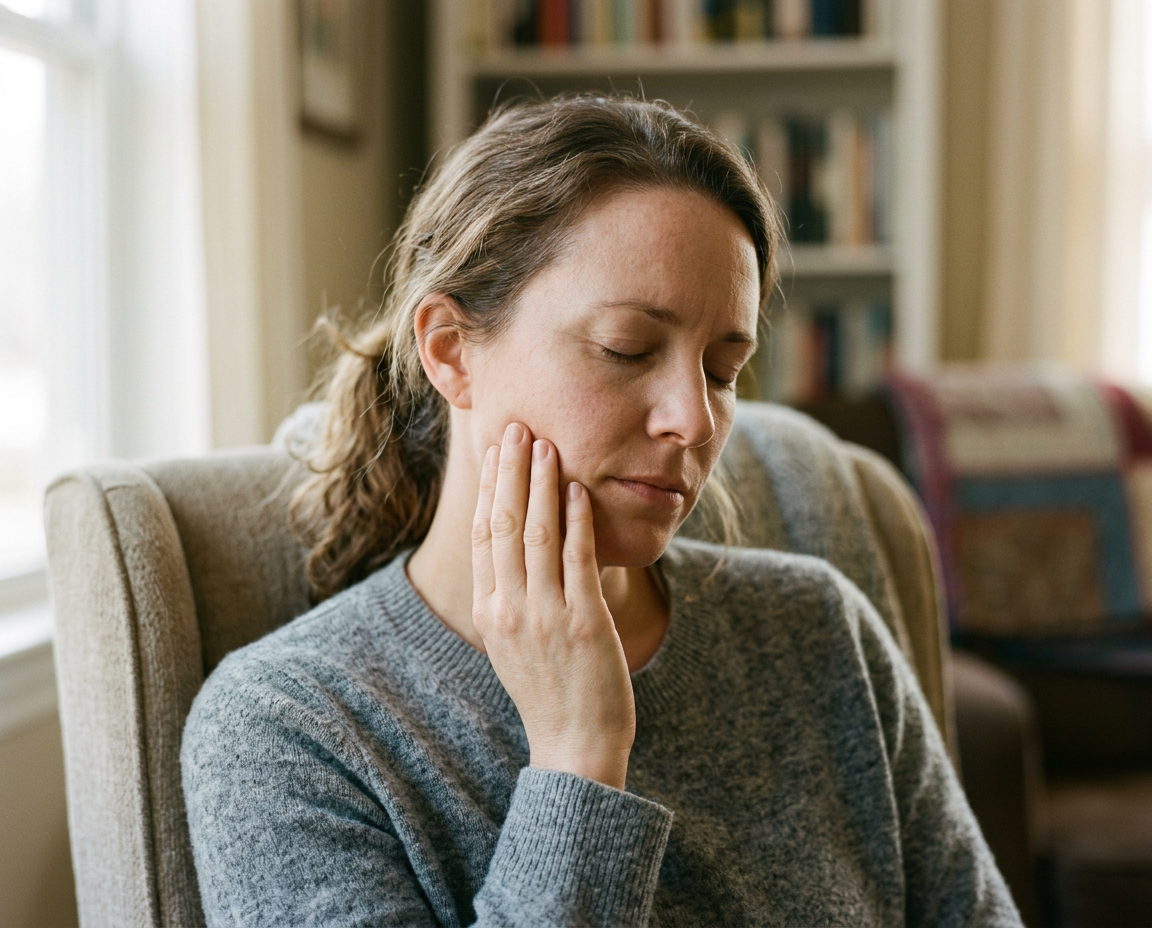 Woman sitting in a chair touching her jaw with a worried expression in a cozy room with a bookshelf in the background.