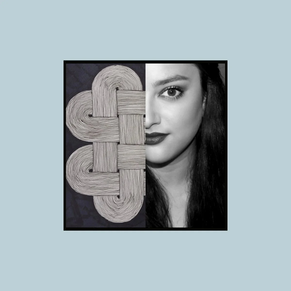 A split image with a black-and-white abstract line art on the left and a black-and-white portrait of a woman with dark hair and makeup on the right.