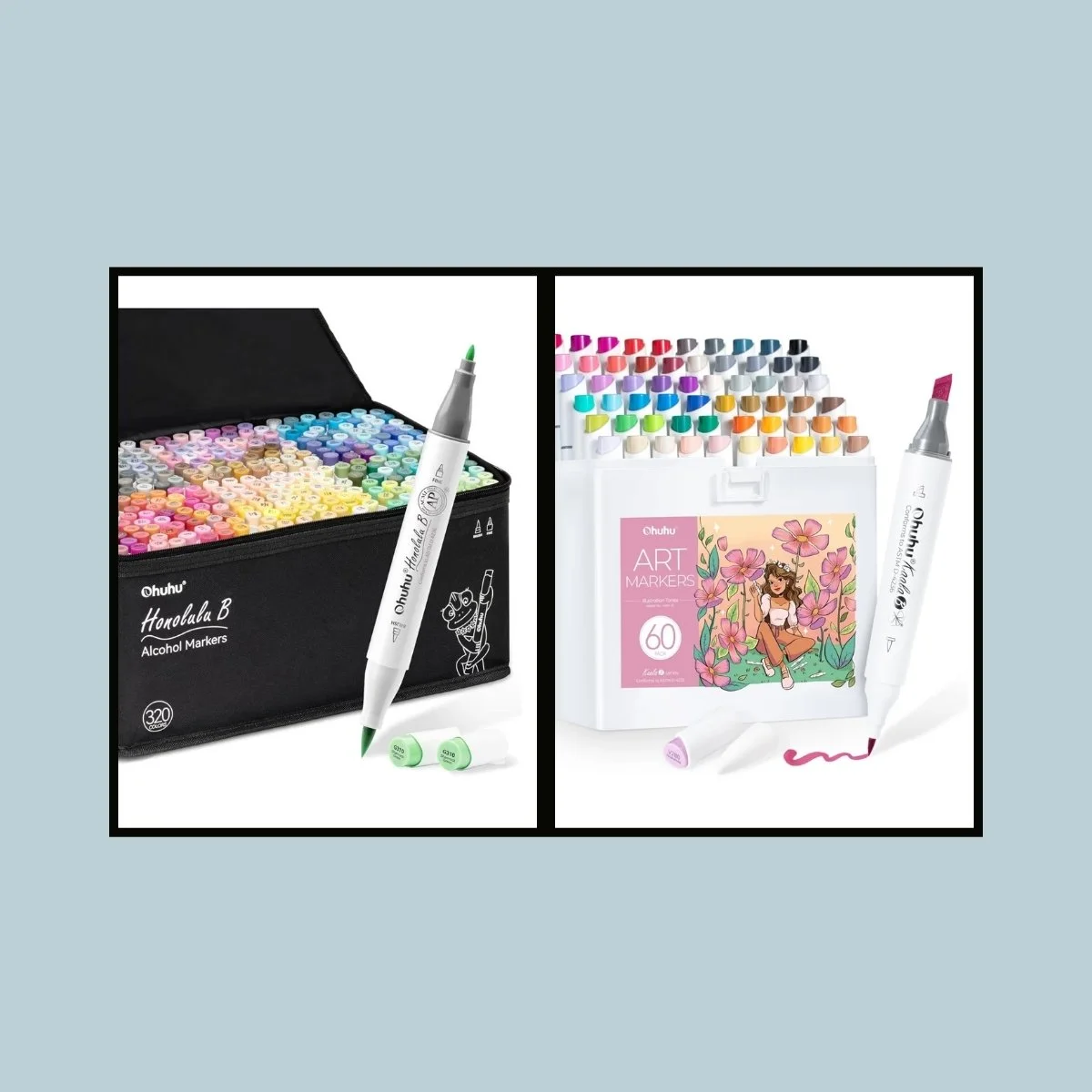 Set of alcohol and art markers with colorful caps, organized in two cases, one black with 320 alcohol markers and one white with 60 art markers, each with a chisel tip.