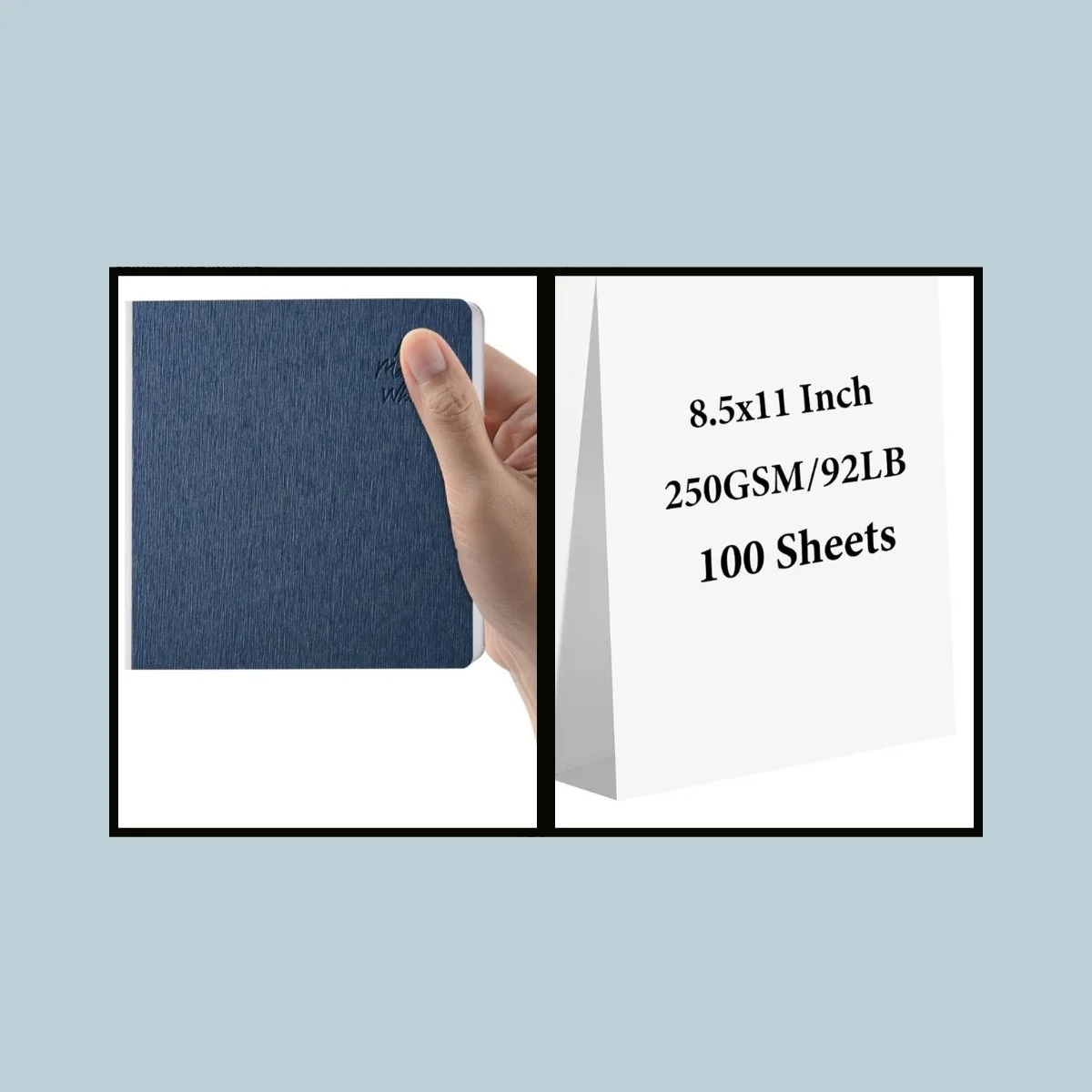 A blue notebook with a textured cover being held by a person's hand, next to product specifications for note paper: 8.5x11 inches, 250 GSM/92 LB, 100 sheets.