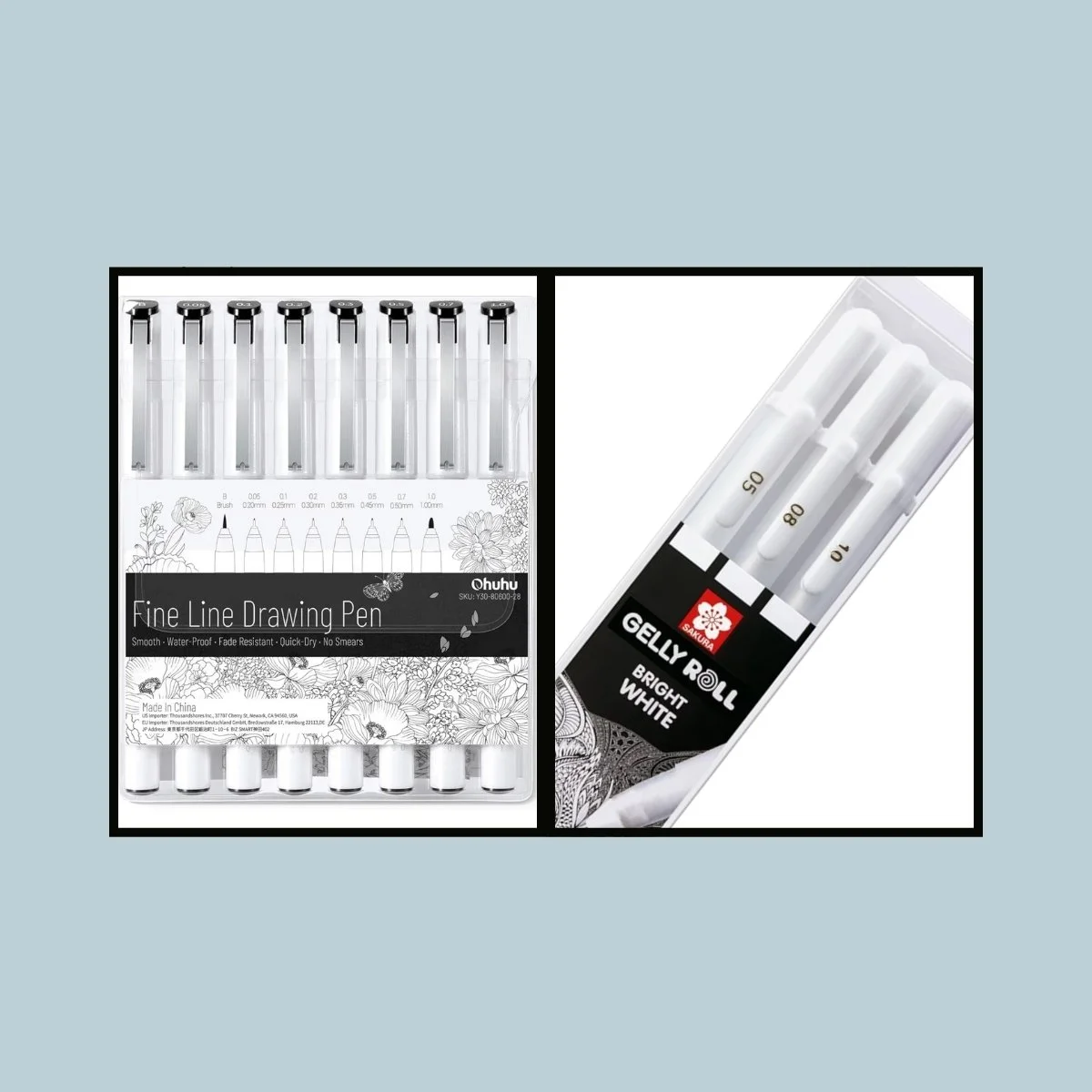 Two sets of gel pens, one set of fine line drawing pens in clear packaging with floral designs, and another set of gel roller pens in a white case with three pens labeled 05, 08, and 10.