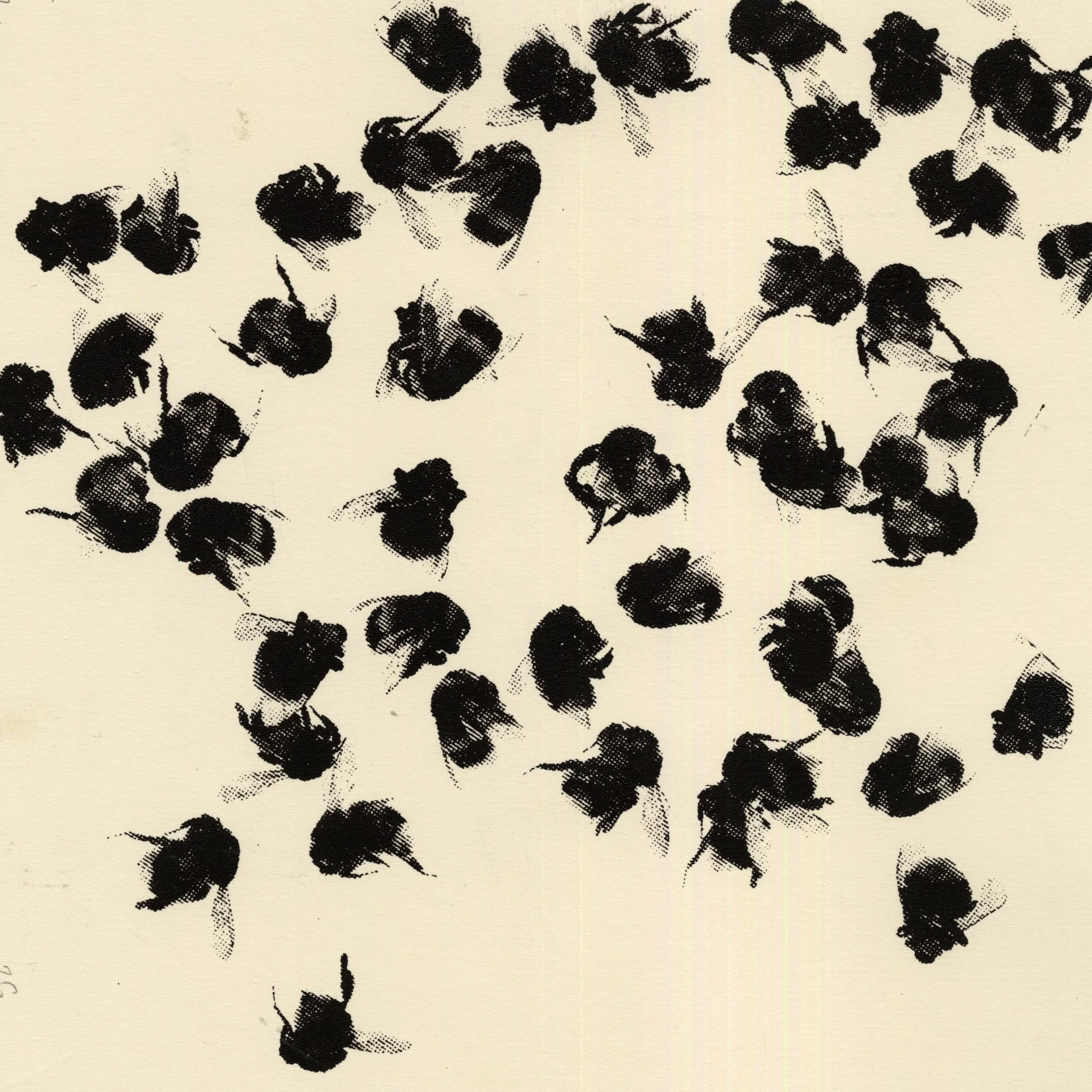 Scatter of black bumblebees on a light background, arranged in a pattern resembling scattered or abstract shapes.