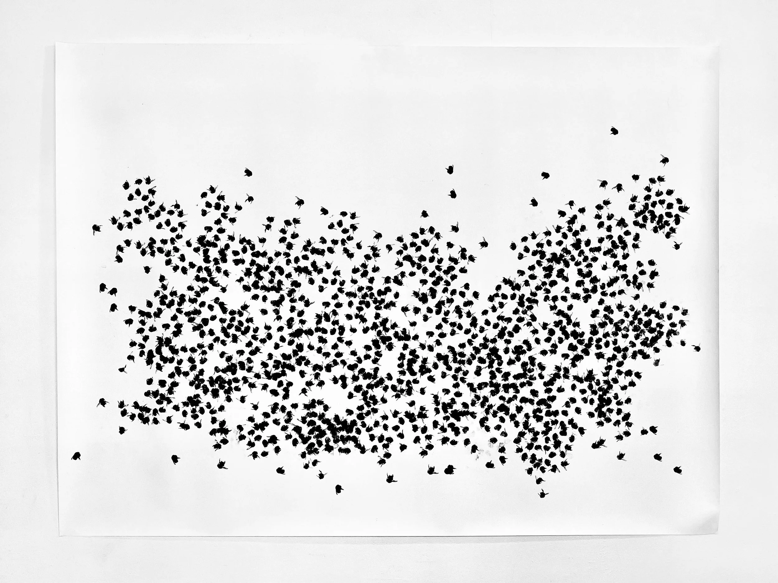Black silhouette of numerous bees flying and clustered on a white background.