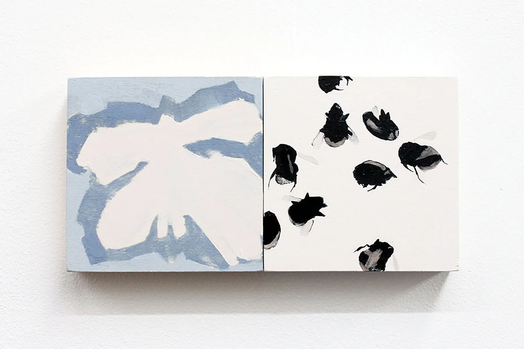 diptych painting of bumblebees and a butterfly shape