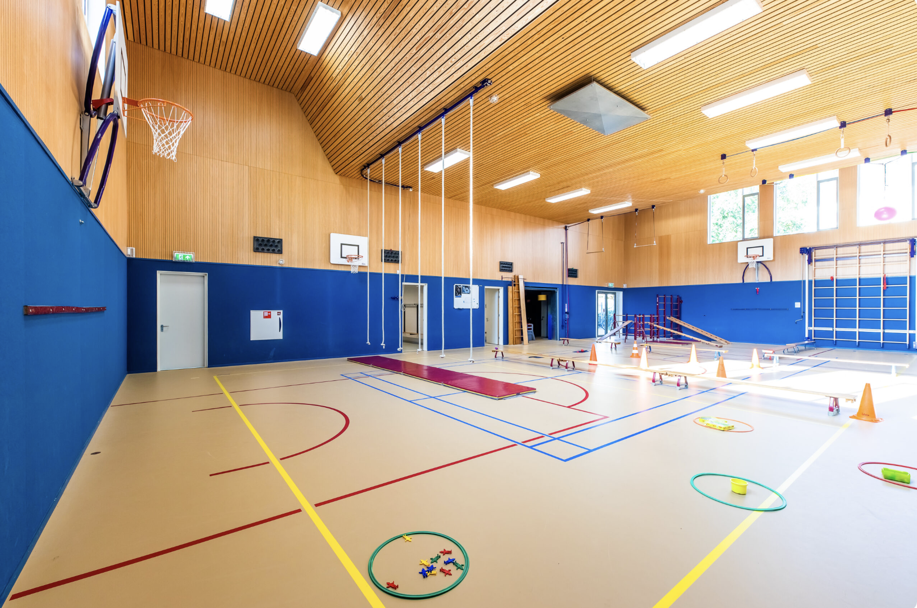 Indoor gymnasium with wooden ceiling, blue and beige walls, and sports equipment. Includes basketball hoops, gymnastic rings, padded mats, small cones, hoops with toys, and various gym apparatus for children's activities.