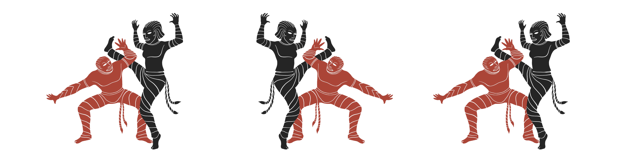 Line art of three dancers with tribal face paint, wearing striped clothing, performing a traditional dance with arm and leg gestures.