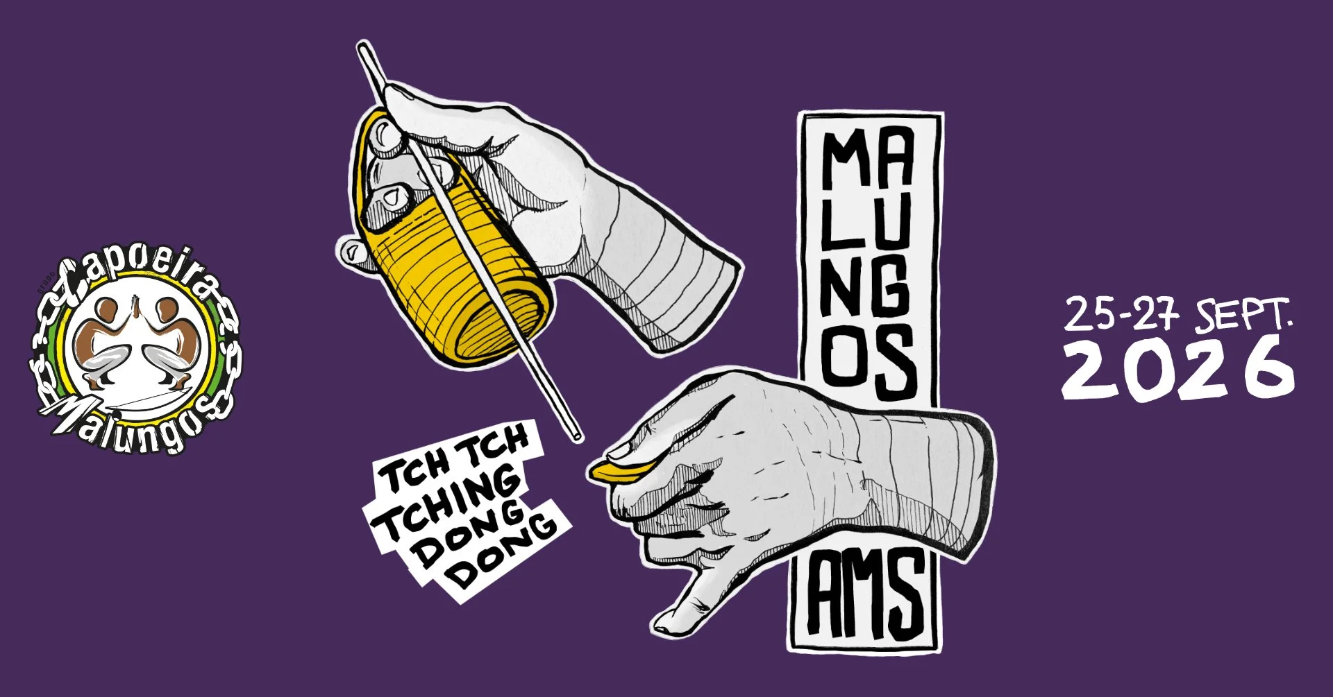 A promotional poster for an event called 'TAPEira Malungos' scheduled from September 25-27, 2026. The poster features illustrations of hands holding a yellow tape measure and a yellow rubber duck, with various text elements including the event dates and slogans like 'TICH TICH TING DONG DONG'. It has a purple background and includes a logo with two figures surrounded by a chain, and the words 'TAPEira Malungos' around them.
