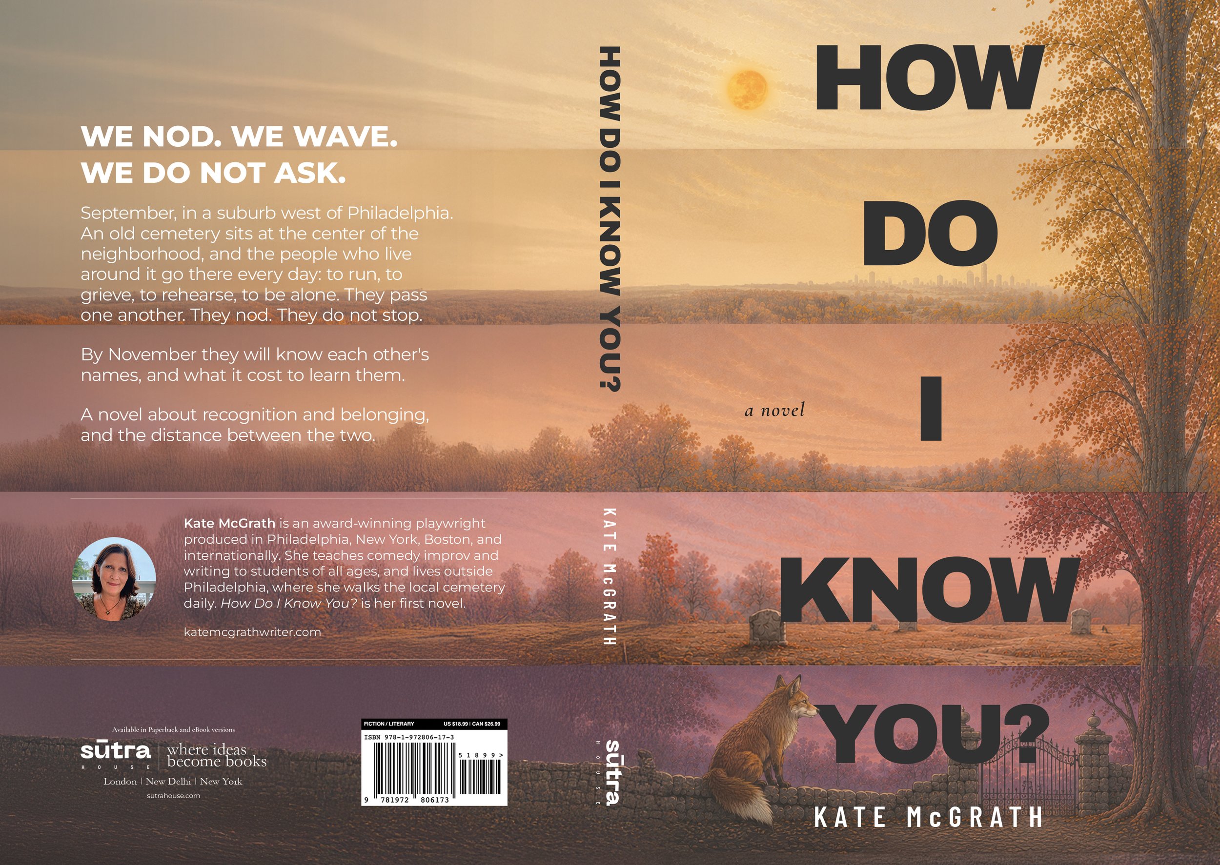 Front and back cover of the book titled 'How Do You Know?' by Kate McGrath, featuring an autumn landscape with trees, a fox, a squirrel, a hill, and a distant city skyline with a sunset or sunrise.