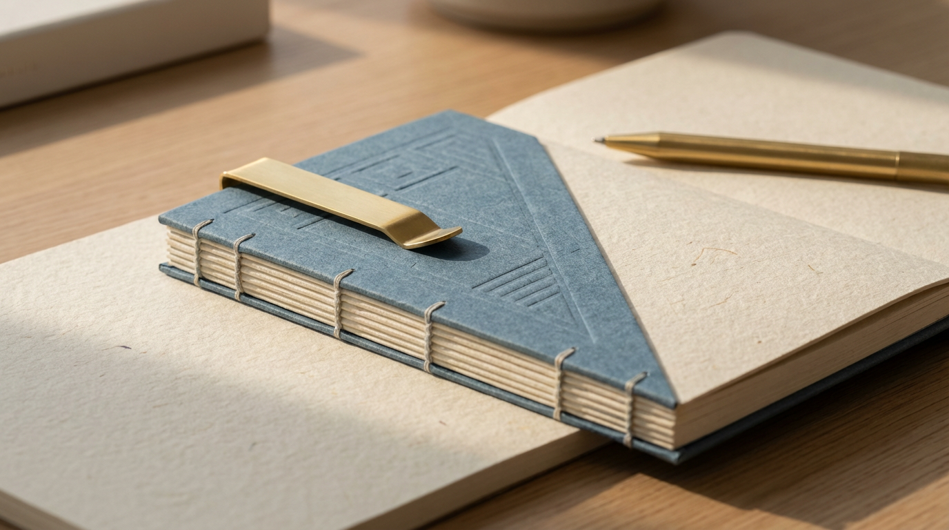 A closed, blue textured notebook with a gold paperclip resting on top, placed on an open beige notepad with a gold pen on the right side, on a wooden desk.