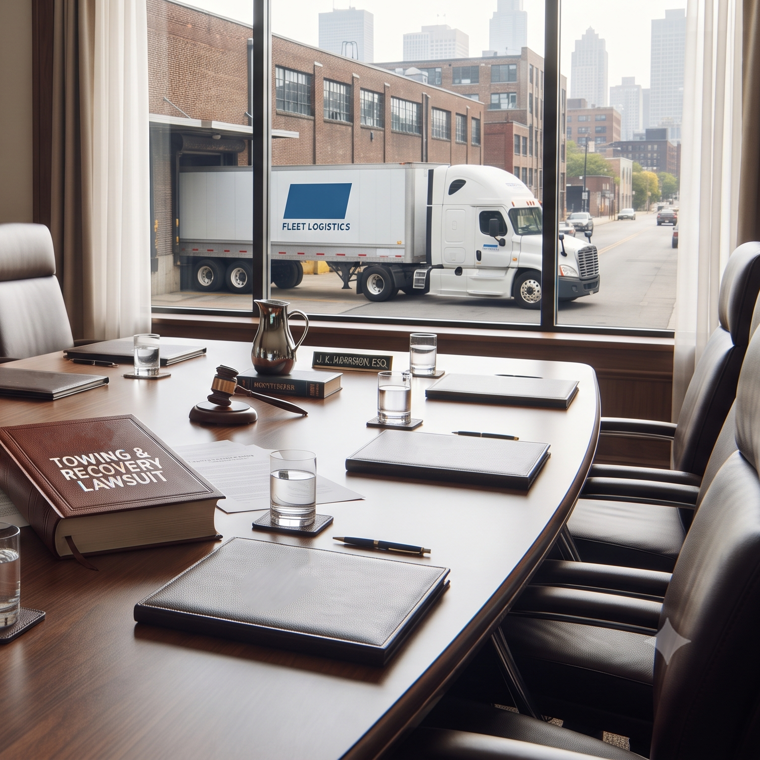 A conference room with a wooden table, black and white chairs, and framed legal documents. On the table are glasses of water, notebooks, pens, and a gavel. Large windows show a city street with a Fleet Logistics truck and tall buildings.