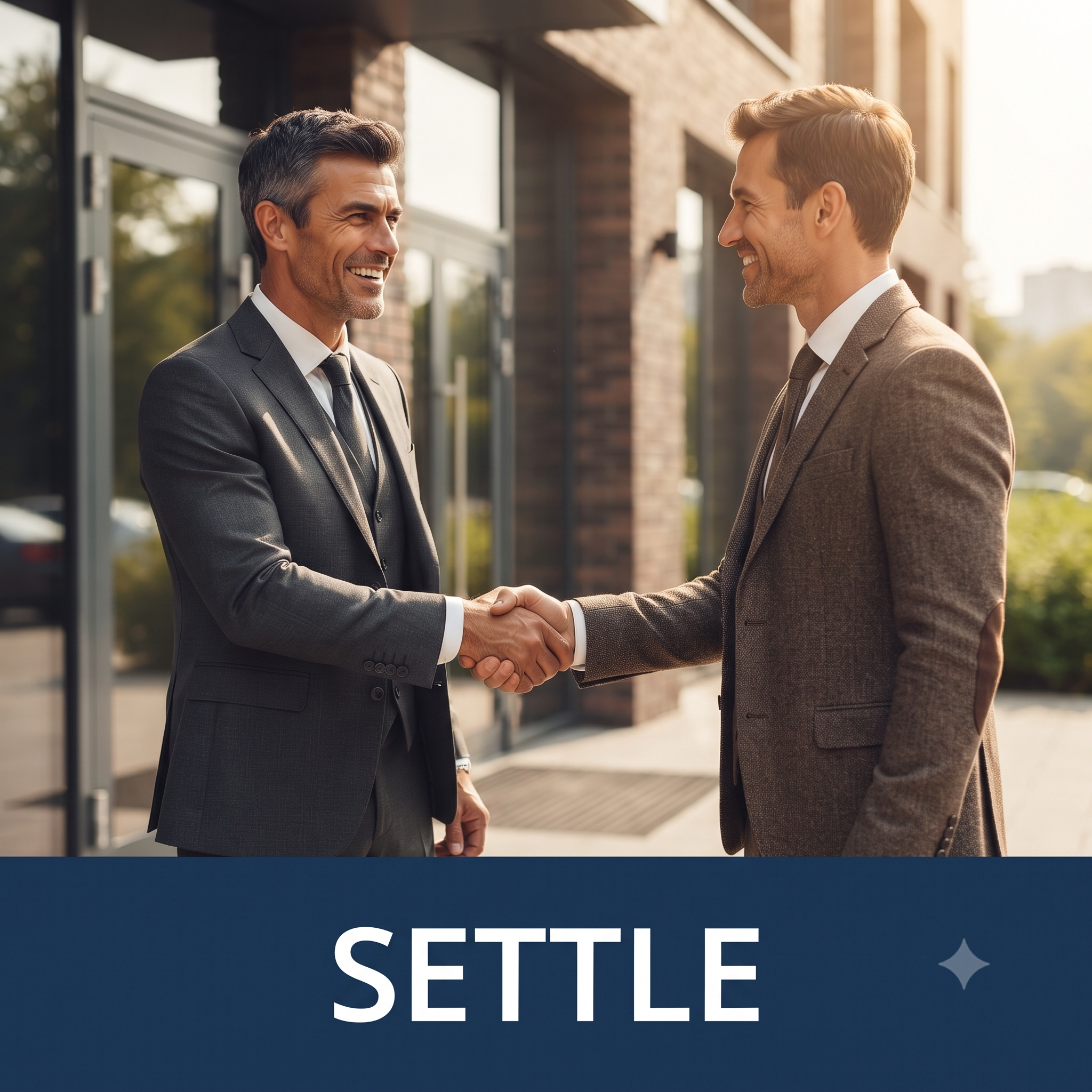 Two men in business suits shaking hands outside a modern building, smiling at each other. The background has trees and sunlight.