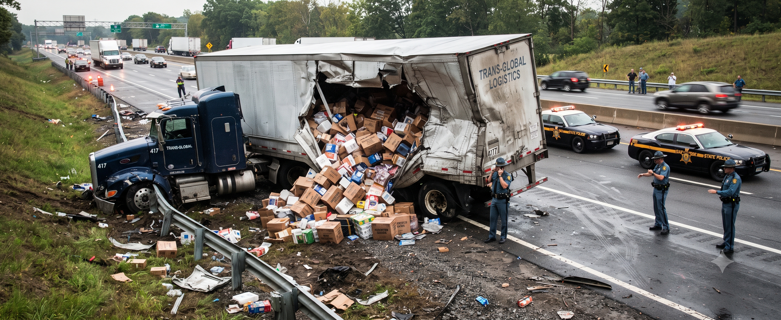 A semi-truck with a damaged cargo area has collided with a guardrail and spilled boxes onto the highway. Several police officers and a state police vehicle are on the scene, with traffic slowed by the accident.