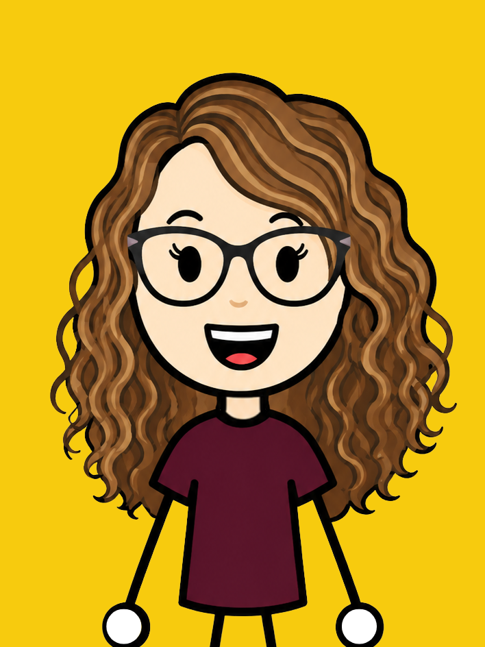 Cartoon illustration of a woman with long hair, red glasses, smiling, wearing a maroon dress, against a yellow background.