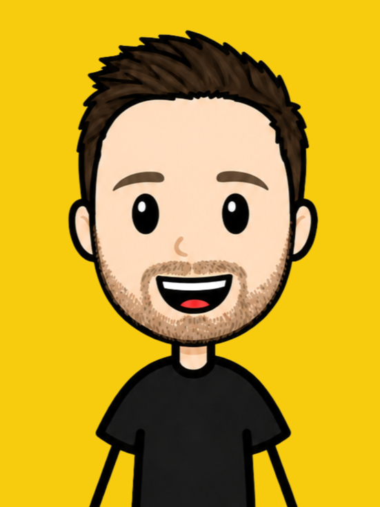 Cartoon illustration of a smiling man with short brown hair, a beard, wearing a black t-shirt, against a yellow background.