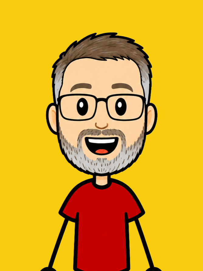 Cartoon illustration of a smiling person with glasses, gray beard, and short gray hair, wearing a red shirt, against a yellow background.