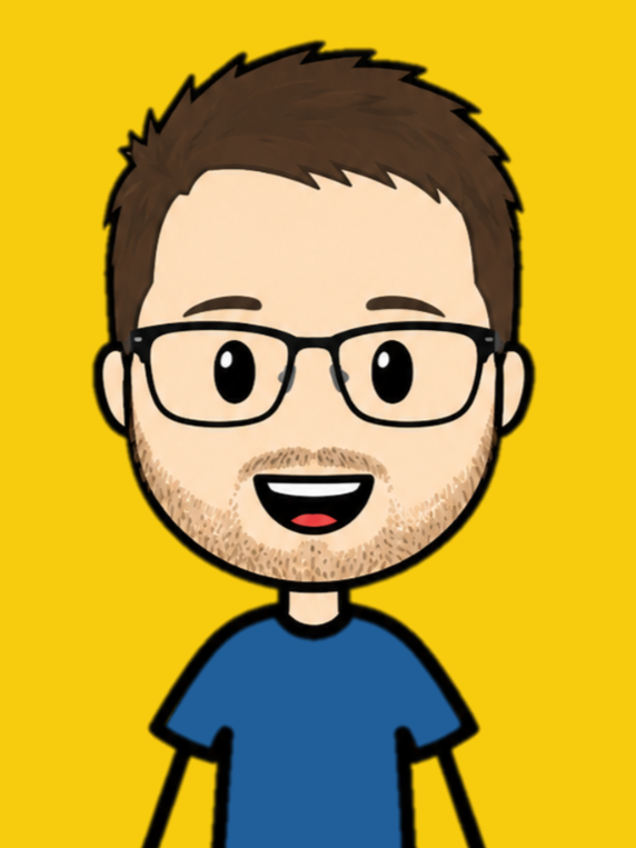 Cartoon avatar of a smiling man with glasses, brown spiky hair, and a beard, wearing a blue shirt against a yellow background.