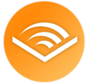 audible logo. Orange circular icon with white open book and Wi-Fi signal symbols