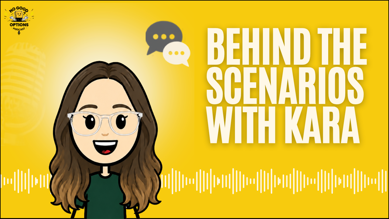 Cartoon woman with long brown hair and glasses smiling against a yellow background. The image includes speech bubbles and text that reads 'Behind the Scenarios with Kara'.