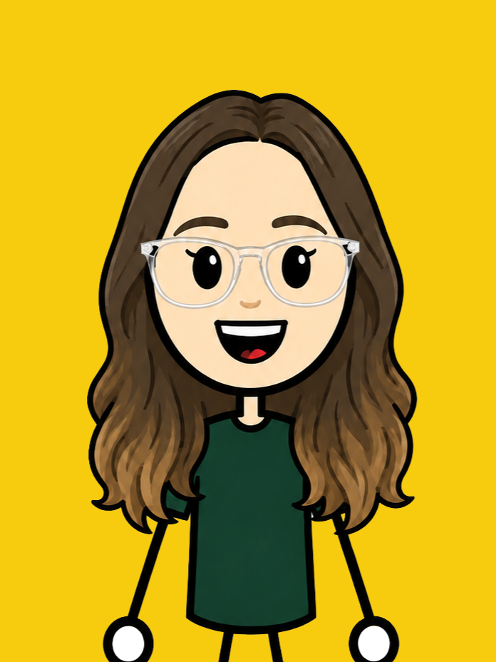 Digital illustration of a smiling woman with long brown hair, wearing glasses and a green top, against a yellow background.