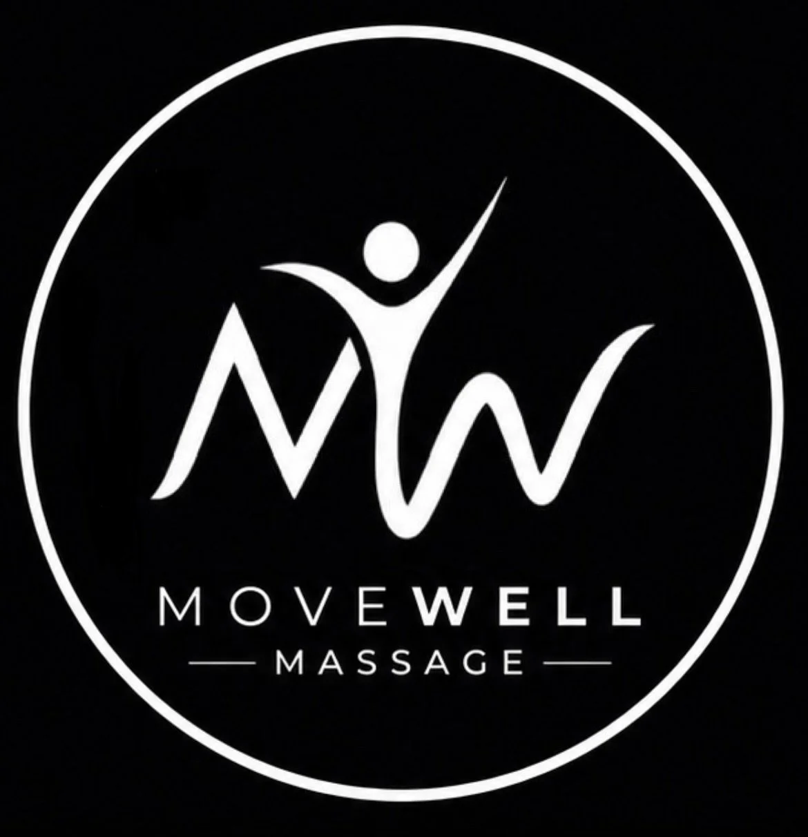 Logo for MoveWell Massage featuring a stylized person with arms raised, inside a circle, with the text 'MoveWell Massage' below.