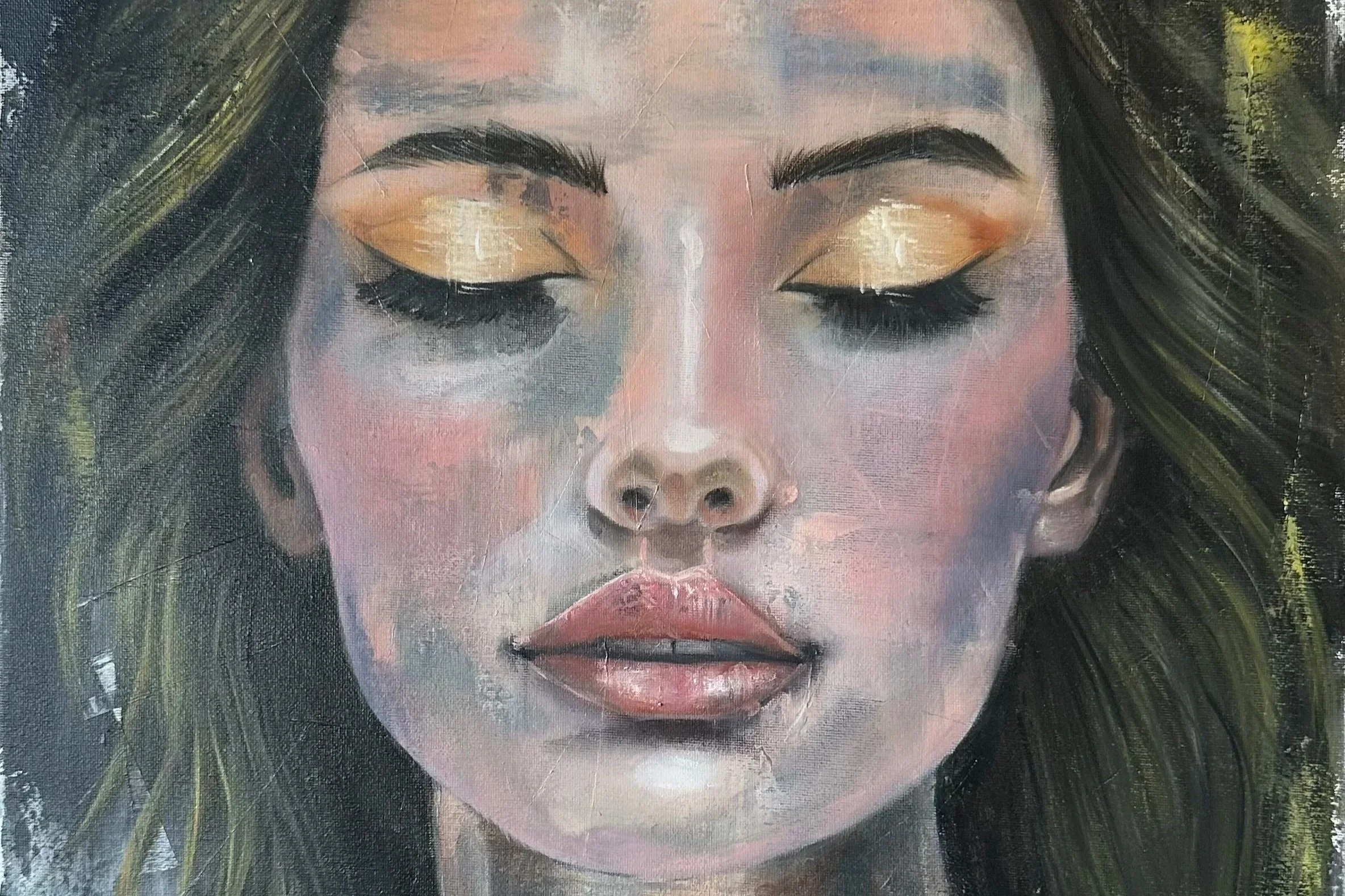 A close-up of a painting depicting a woman's face with closed eyes, dark hair, and detailed makeup including gold eyeshadow and pink lips.