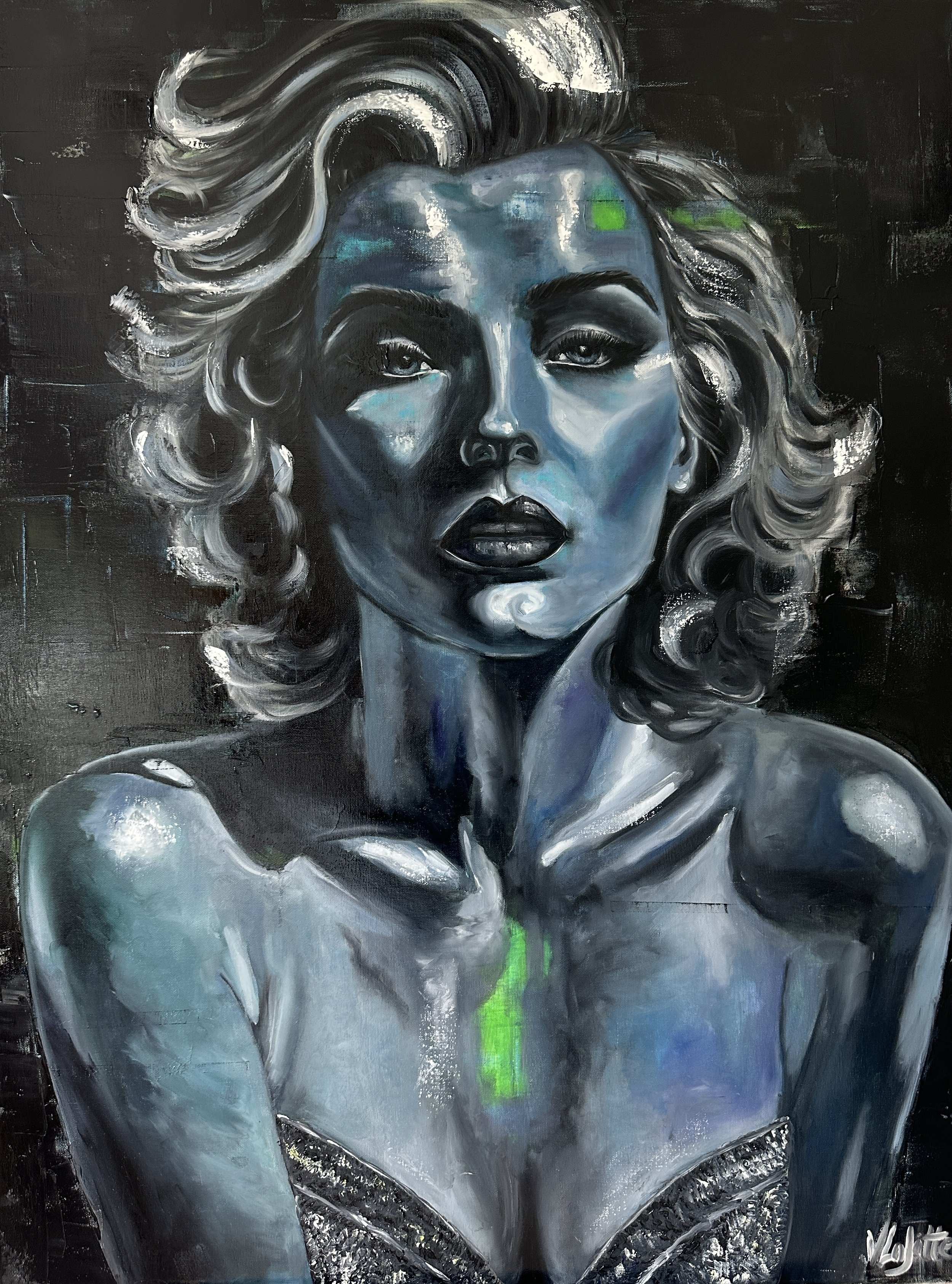 A black and white painting of a woman with wavy hair, dark lipstick, and a serious expression, with green accents on her forehead and chest.