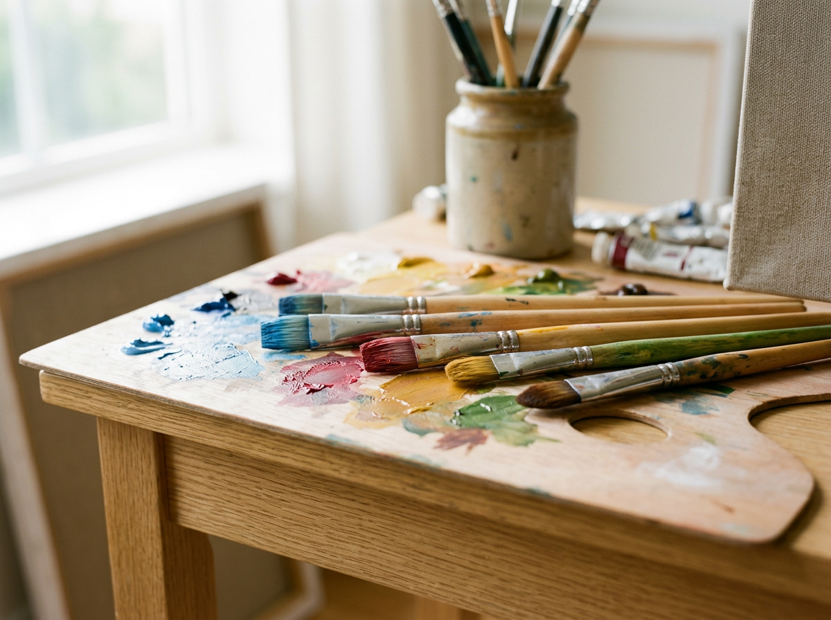 A wooden art palette with mixed colorful paints and paintbrushes resting on it, on a wooden table near a window.