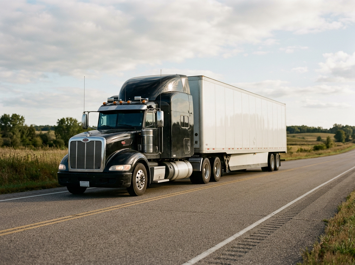 Black semi-truck with a white trailer driving on a rural highway with grassy fields and trees in the background, under a partly cloudy sky.