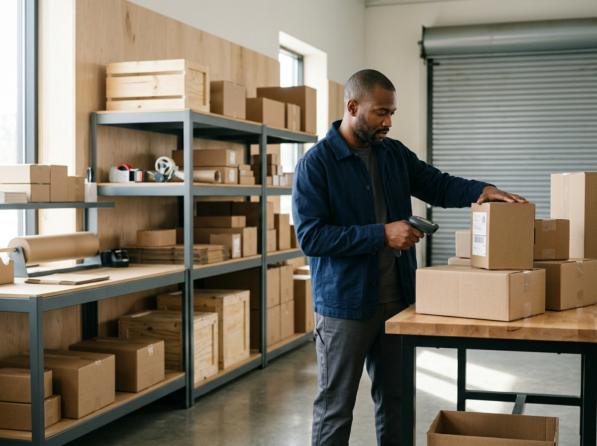 Man in a warehouse checking boxes on a table using a barcode scanner, surrounded by shelves filled with packaged boxes and packing supplies.