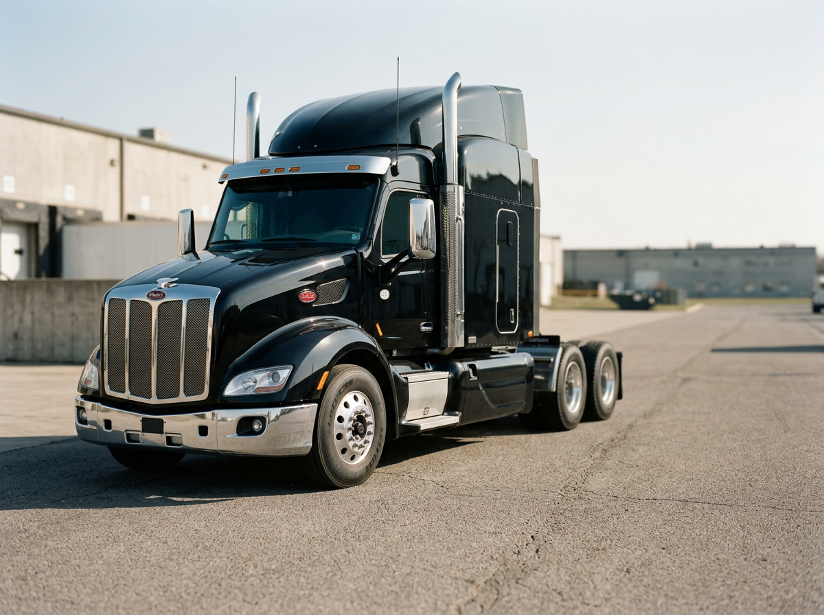 Black semi-truck parked in an industrial area on a clear day.
