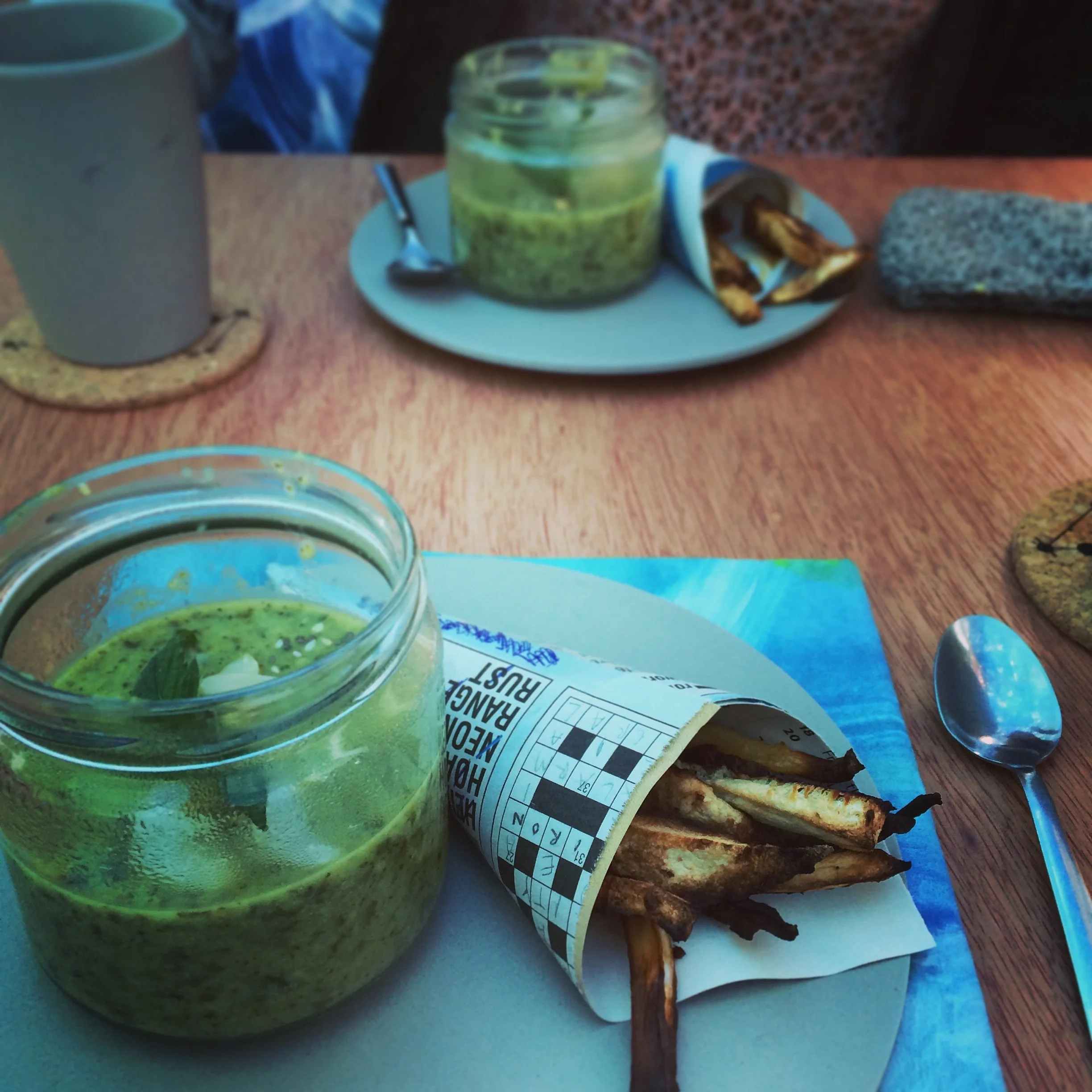 Starter: spring green soup with crossword wrapped parsnip chips.