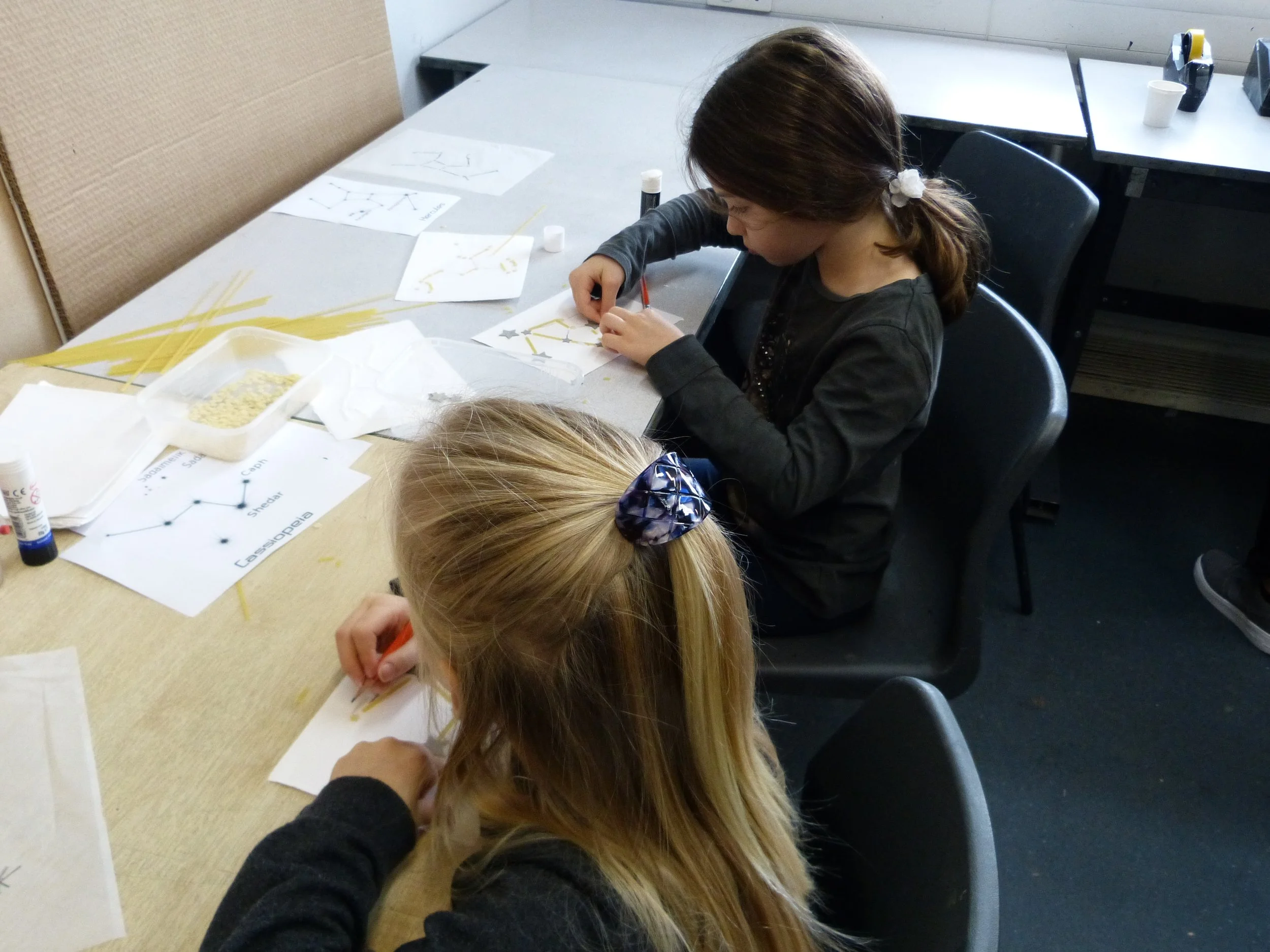 Inky Print Club - we made embossments of constellations (to match the constellations on the tent fabric) using pasta. 