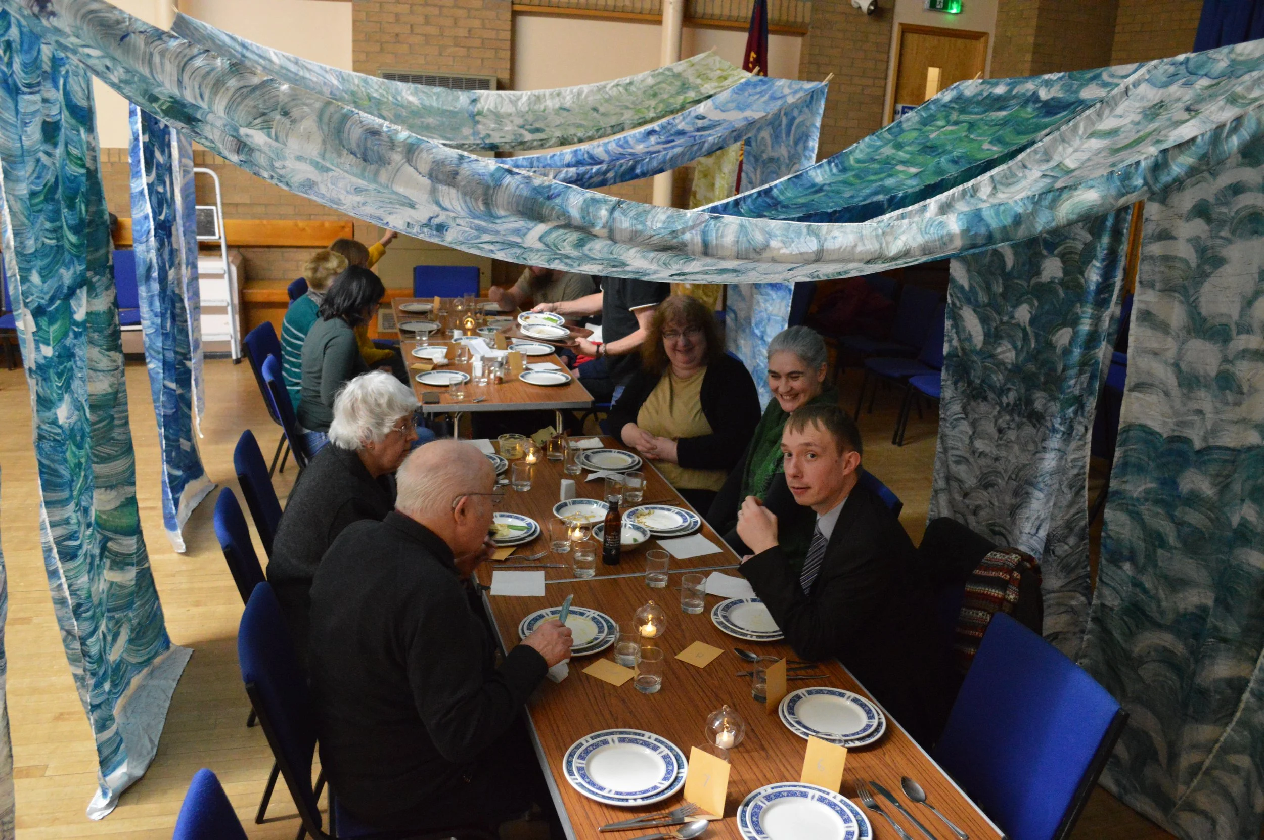 The tent was hung in the main hall.
