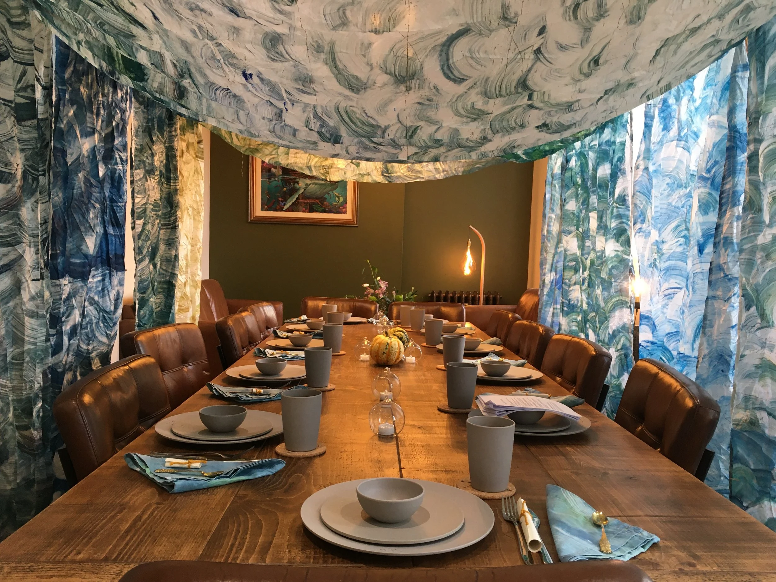 The tent was hung in the hosting space of a hair salon.