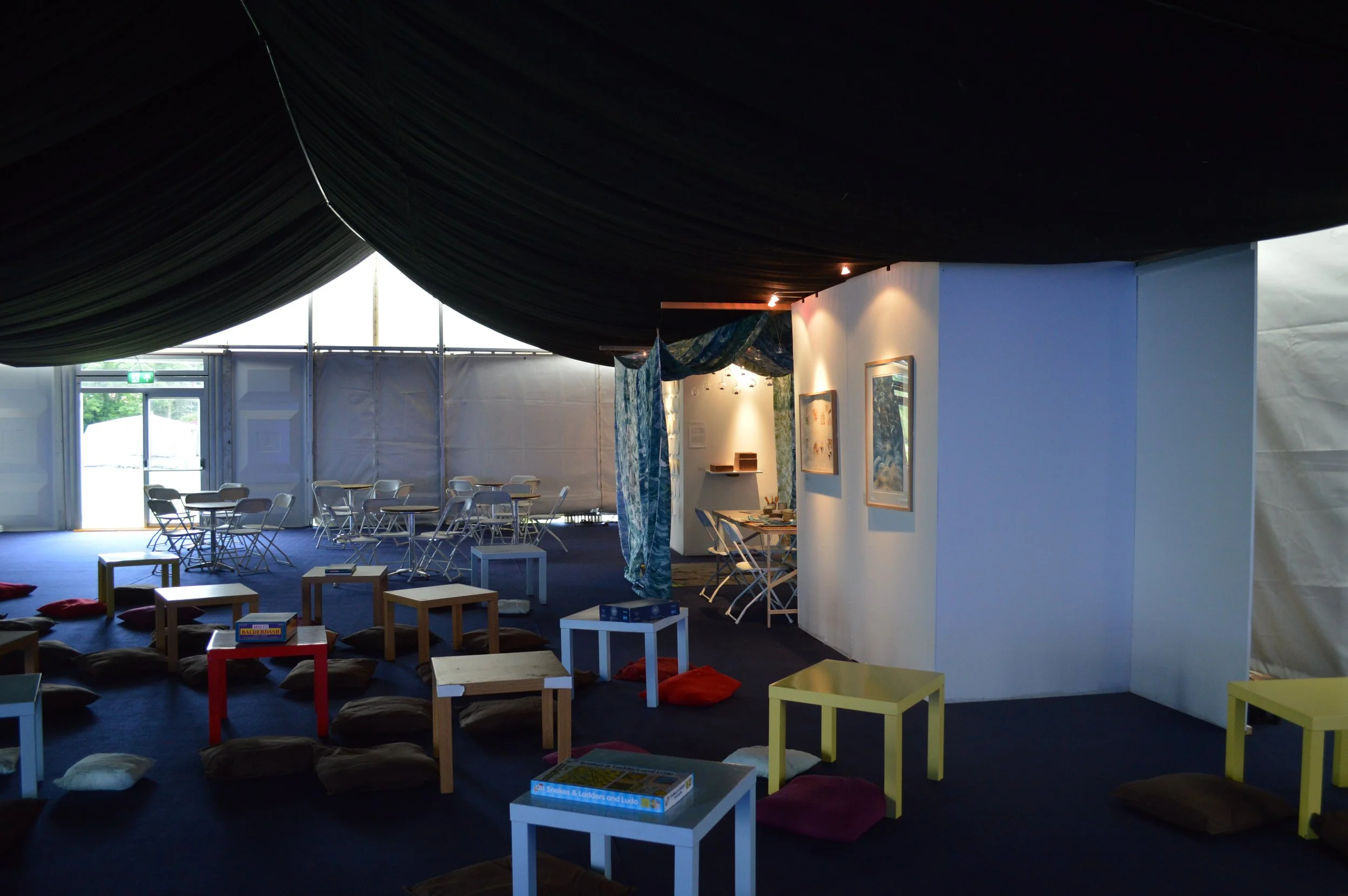 I set KILN tent up in the cafe and games tent.