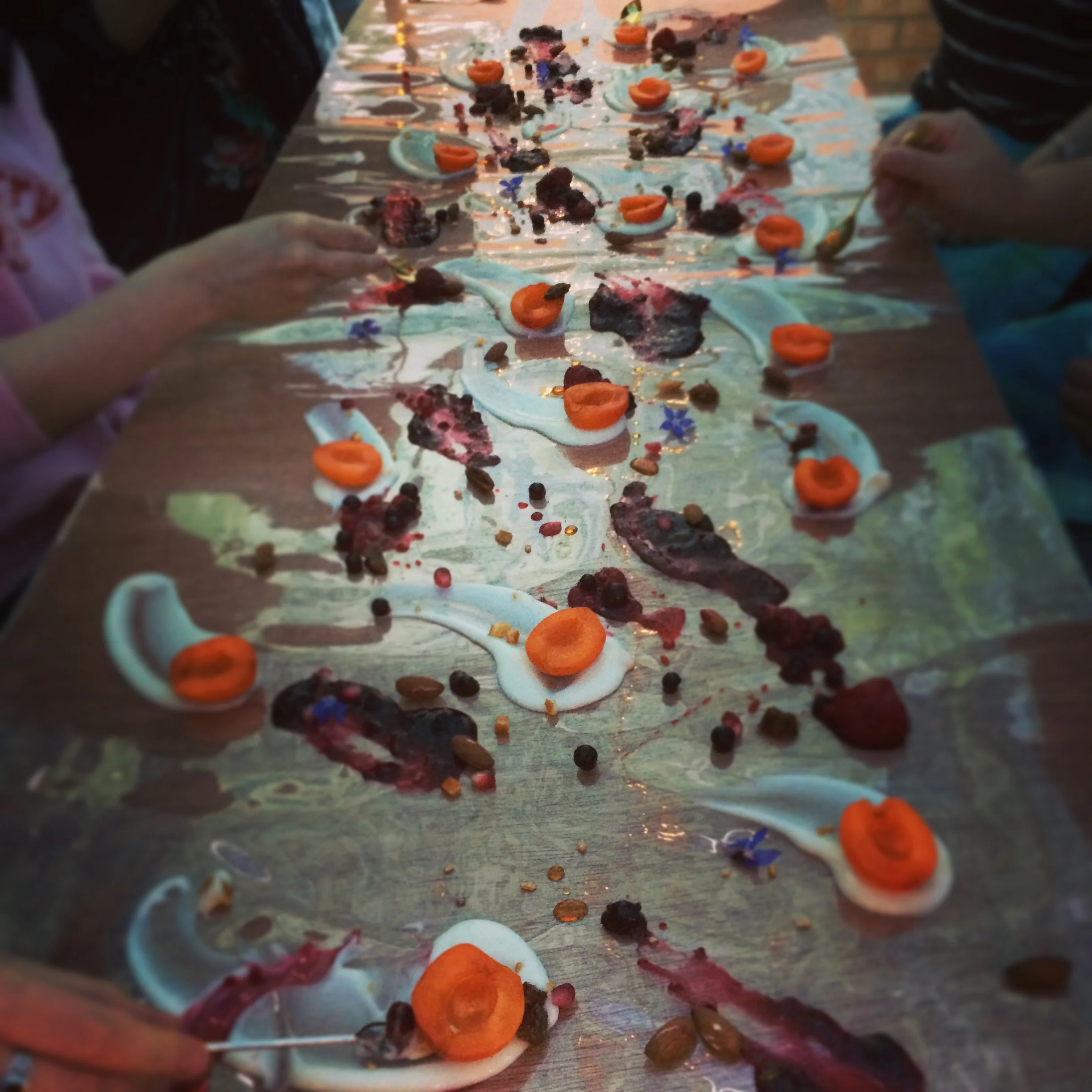 Dessert: yoghurt, jam, berries, roasted nuts, apricots, maple syrup, candied orange peel, pomegranate seeds, borage, gold pieces.