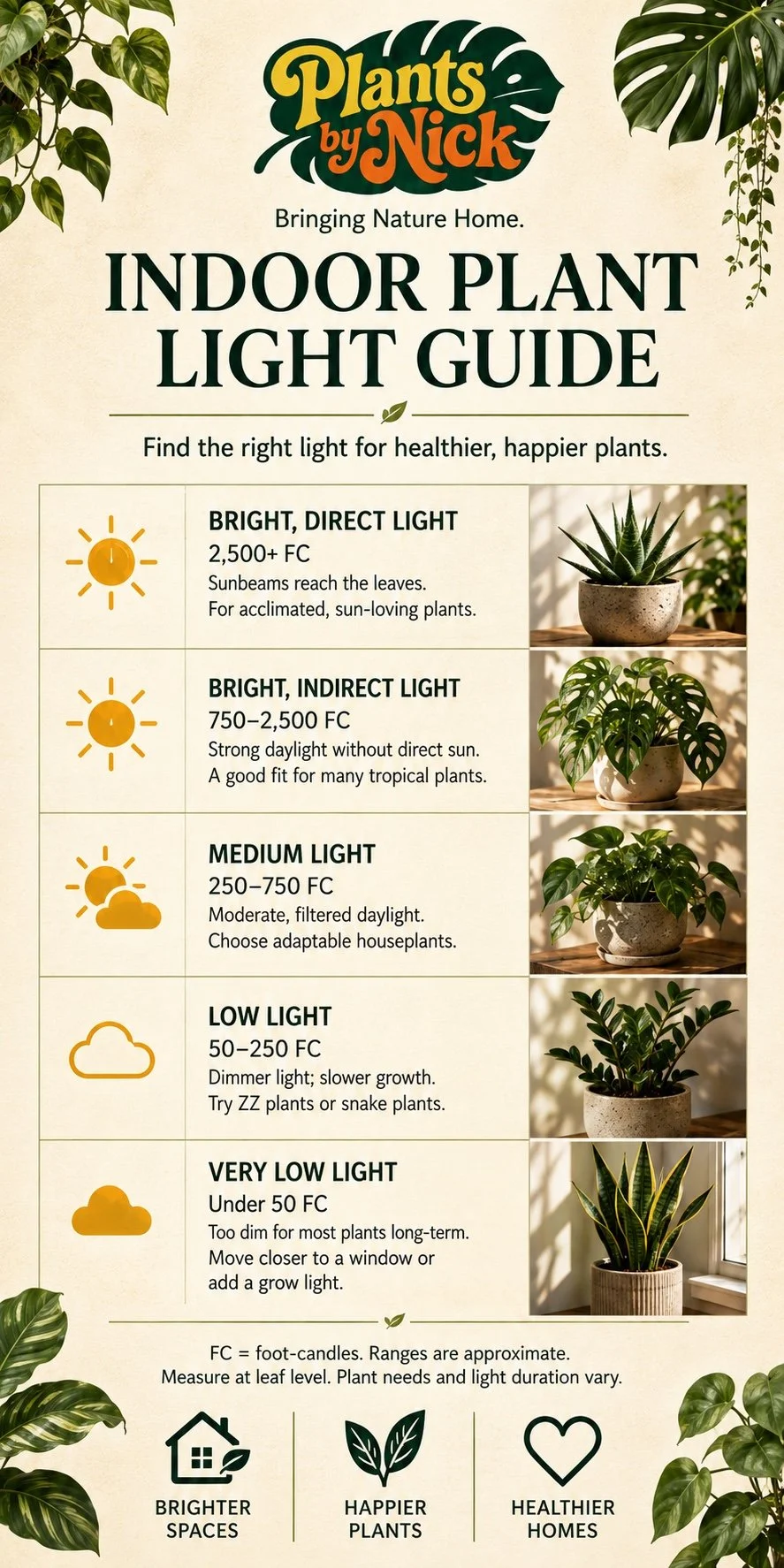 Plants by Nick Indoor Plant Light Guide: bright direct, bright indirect, medium, low and very low light, with approximate foot-candle ranges. Measure at leaf level; plant needs and light duration vary.