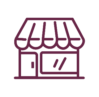 Line drawing of a storefront with an awning and a large window.